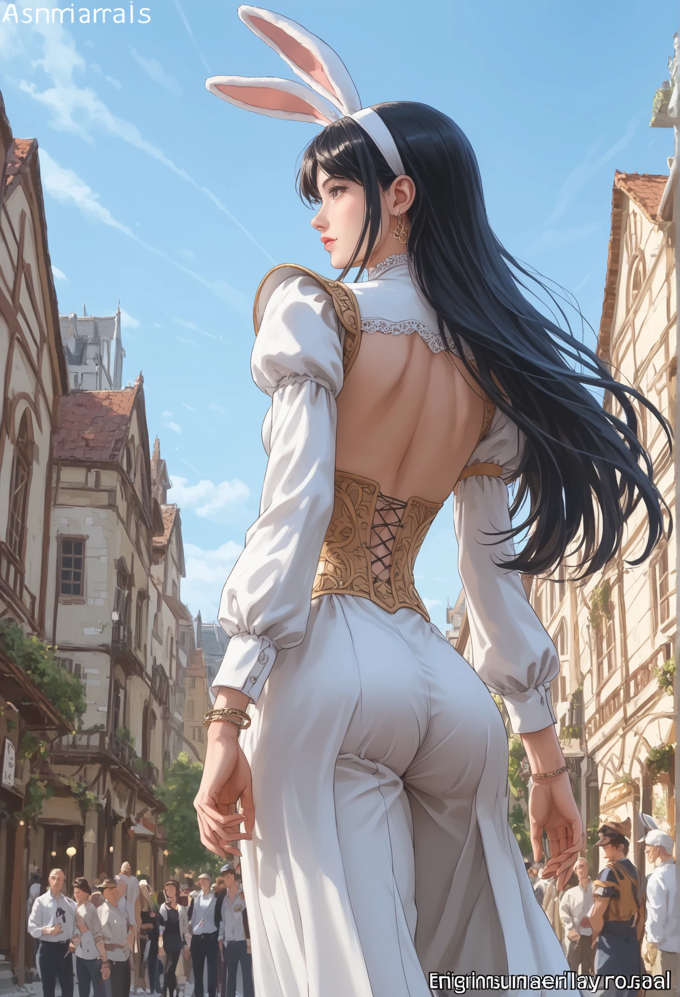 (obra-prima:1.2), [(female warrior with an ornate Elegant sophisticated cover walking away), (very long flowing black hair), in dark swordsman style armor, dazzling platinum bracelets, figura esguia, shapely thighs and round buttocks, Detalhes do rosto, headband with rabbit fake ears, wearing ornamentado long pants, cinematic, dramatic, Aventuroso, intrincado, detalhado, ornamentado, Elegante, sofisticado, female protagonist, strong female character, corpo tonificado, roupas apertadas, capa deslumbrante, Cintura fina, looking back], (FOCUS ON THE BUTTOCKS:1.2),  low angle shot from the back , (cidade medieval, old buildings, ruas vazias), (melhor qualidade , 8k,  high resolution icon, incredible quality, very aesthetic,absurdres,mangas), ultra-detalhado, realista,  photorealista, (photorealista:1.4), HDR, Ultra HD,  studio lighting, Pintura ultrafina, (sharp focus:1.2), physics-based rendering, description with extreme details, cores vivas, efeito bokeh, profissional