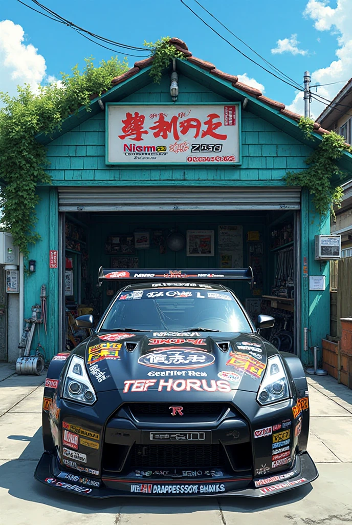 In front of the noodle shop, navy blue car in front.