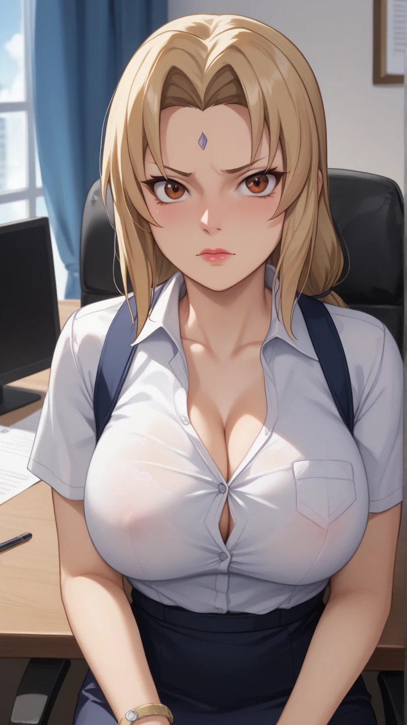 Good ???????, Masterpiece, Best quality, 4K, 8K, Professional photography, Soft light, Sharp focus, office space, 1 girl, sit on chair, Blonde hair，校服， Blonde hair, Spin-off of banks, Detailed face+Brown eyes, Smile, closedlips, lipstick,ben lo，neck chain，bookshelves, janelas, table light,