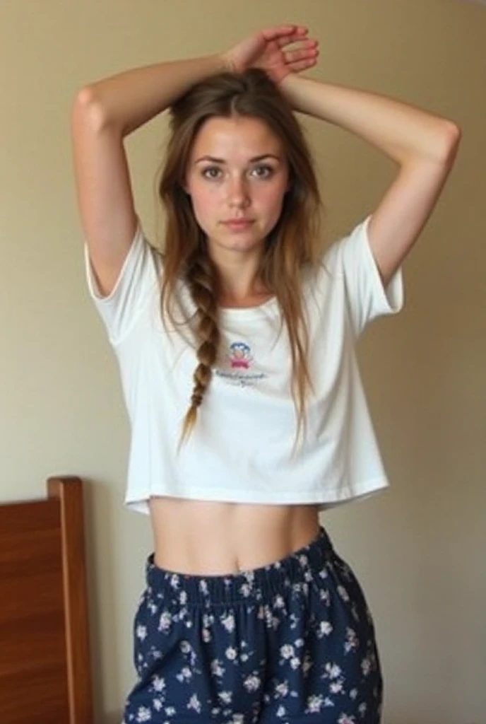 Portrait Selfie mit gestreckten arm, Natural beauty, Realistic, Natural body, ((Best quality)), ((Meisterwerk)), (Detaillierte), broad, chubby face, woman with brown hair, realistic two nice braids, taking a selfie, gestreckter arm, wearing a long t-shirt, 30 years old, weight 70 kg, small , European look