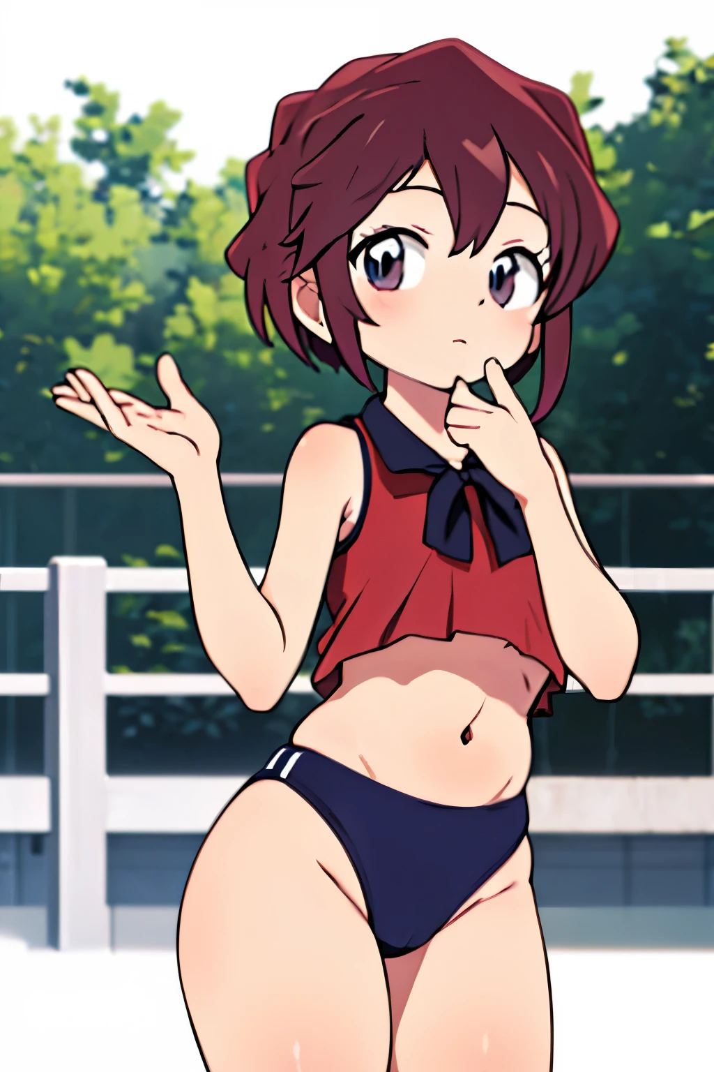 (masterpiece, highest quality), 1 girl, beautiful face, beautiful body, wearing a Black gymnastics bloomers, High leg、red blouse, cowboy shot、Are standing、full body portrait、alone, complex details, enlarged textures, complex details, finely detailed eyes and detailed face, intricate details, (closed mouth), perfect eyes, equal eyes, perfect body, extremely detailed, (), extremely realistic 3d,In a dark forest、red blouse,black bloomers,high leg,self wedgie,bloomers pull myself,