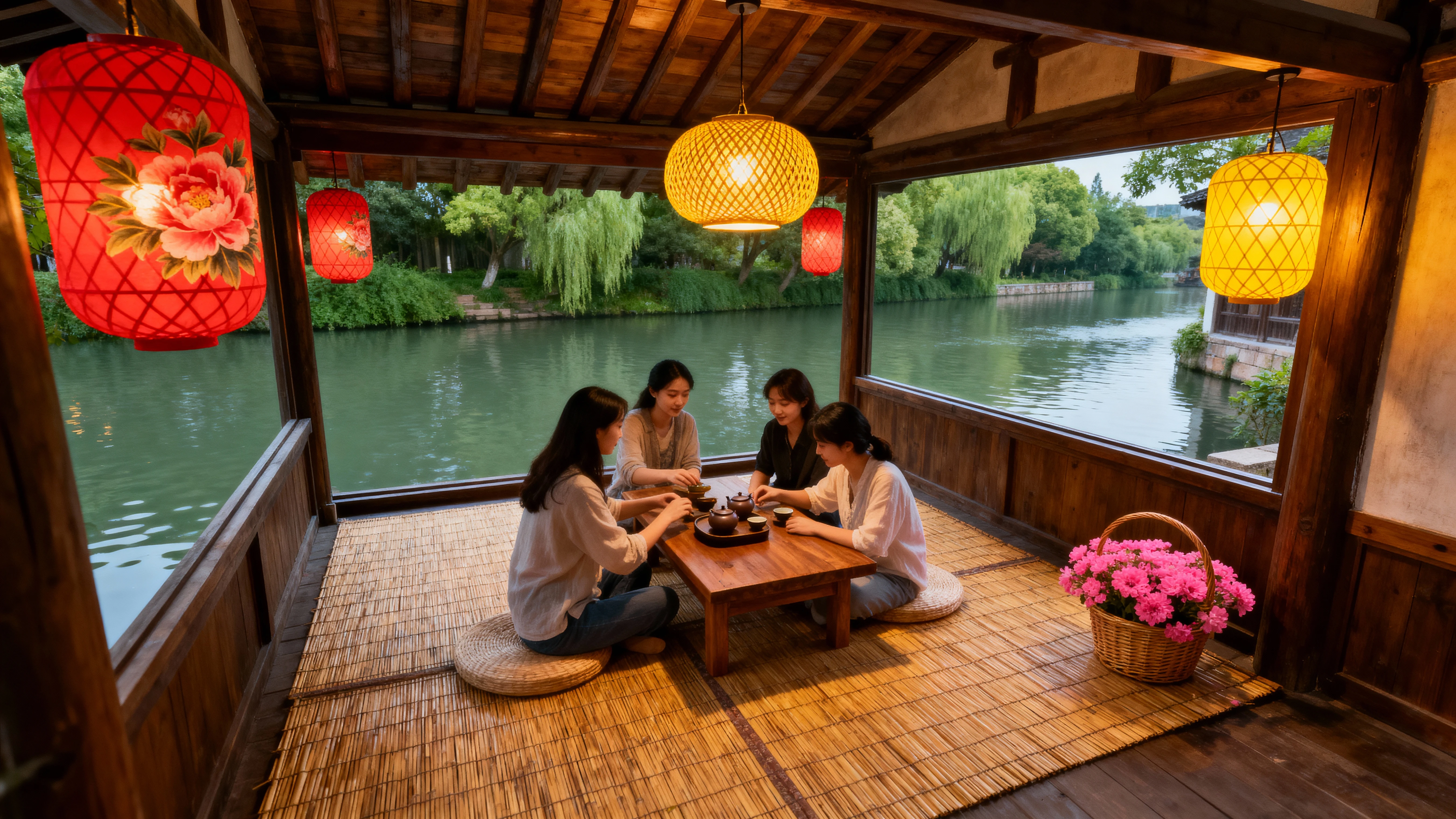 Arav and a woman sit at a table outside in the courtyard, chineseidol, 🤬 🤮 💕 🎀, autumn period, Prime time in Beijing, afternoon time, in the afternoon, sunny day time, Hangzhou, stunning  visuals, autumn period, afternoon hangout, sha xi, 💣 💥, 🕹️ 😎 🚬, autumn garden