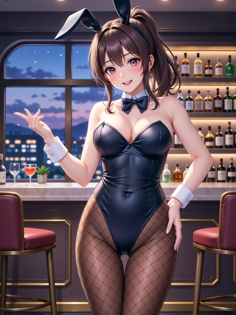 ((((masterpiece, best quality, high resolution)))), from above,illustration,1girl, looking at viewer, light smile, (????????????), (arms behind back:1.2), average ???????, (??????? out:1.2), midriff, collarbone, nighttime, sweat, (black Playboy bunny suit, highleg leotard, thighhighs, pantyhose, rabbit ears, high heels), night bar, night light, seductive expression, seductive eyes, suggestive looks, cowboy shot, sciamano240