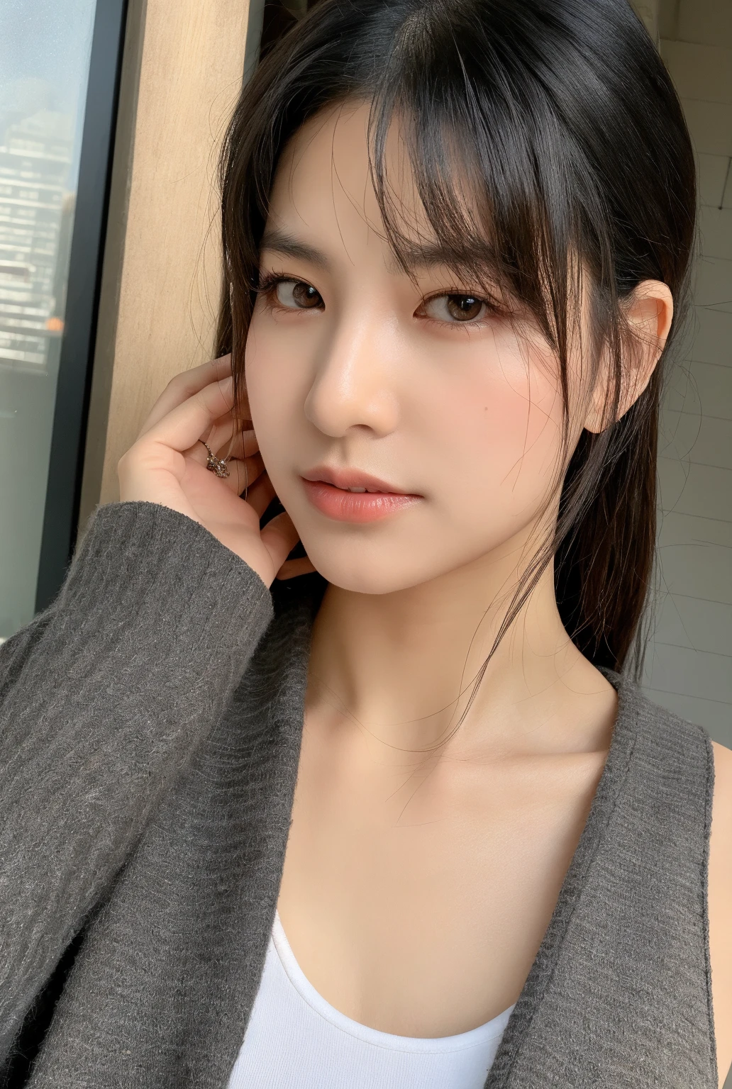 ((white T-shirt)),((black tracksuit pants)),Massage parlor,((full body)),((photo)),((best qualtiy, 8K, tmasterpiece:1.3)), Focus:1.2, perfect figure beautiful girl:1.4,1girl,cowboy shot,look at viewer,incredibly absurd, beautiful and cute girl with a photorealistic face, showcasing top-quality craftsmanship, Japanese woman working at a massage parlor, 20 years old, straight black hair down to the jaw line, silky and straight hair, fair and clear skin, small face, straight nose, large round brown eyes, long eyelashes, plump cherry-colored lips, well-defined eyebrows, clean-cut face, long neck, beautiful décolleté line, , delicate, slender, beautiful C-cup ???????, silver necklace, small earrings, pretty older woman, beautiful, neat, soothing, devilish type, calm demeanor, soft-spoken, curious, likes alcohol, likes to try new things, mature, June