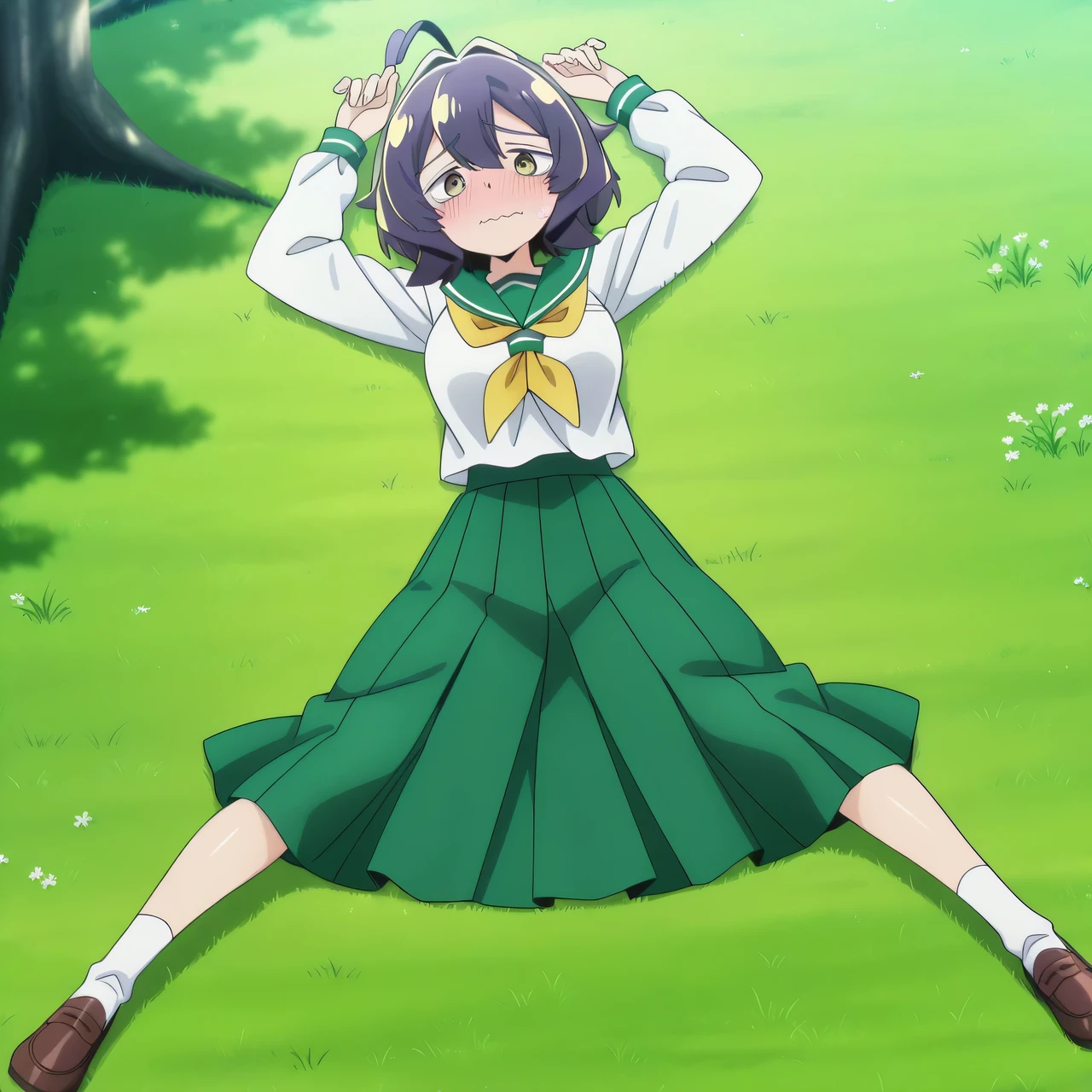 EBBaiser, medium breasts, purple hair, ahoge, bangs, short hair, yellow eyes,
white shirt, green sailor collar, green pleated long skirt, long sleeves, yellow neckerchief, school uniform, serafuku,  anime screencap, shiny skin, high quality, solo, lying, on back, arms up, legs apart, closed mouth, on grass, full body, looking at viewer, wavy mouth, blush, shy, best quality