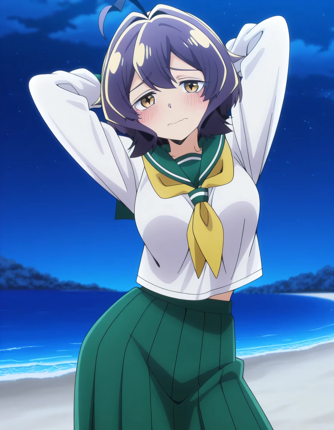 EBBaiser, medium breasts, purple hair, ahoge, bangs, short hair, yellow eyes,
white shirt, green sailor collar, green pleated long skirt, long sleeves, yellow neckerchief, school uniform, serafuku, anime screencap, shiny skin, solo, night sky, beach, arms behind head, ((contrapposto)), closed mouth, cowboy shot, looking at viewer, wavy mouth, blush, shy, best quality
