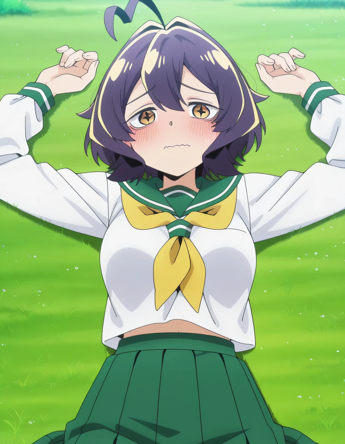 EBBaiser, medium breasts, purple hair, ahoge, bangs, short hair, yellow eyes,
white shirt, green sailor collar, green pleated long skirt, long sleeves, yellow neckerchief, school uniform, serafuku, anime screencap, shiny skin, high quality, solo, lying, on back, arms up, legs apart, closed mouth, on grass, cowboy shot, full shot, looking at viewer, wavy mouth, blush, shy, best quality