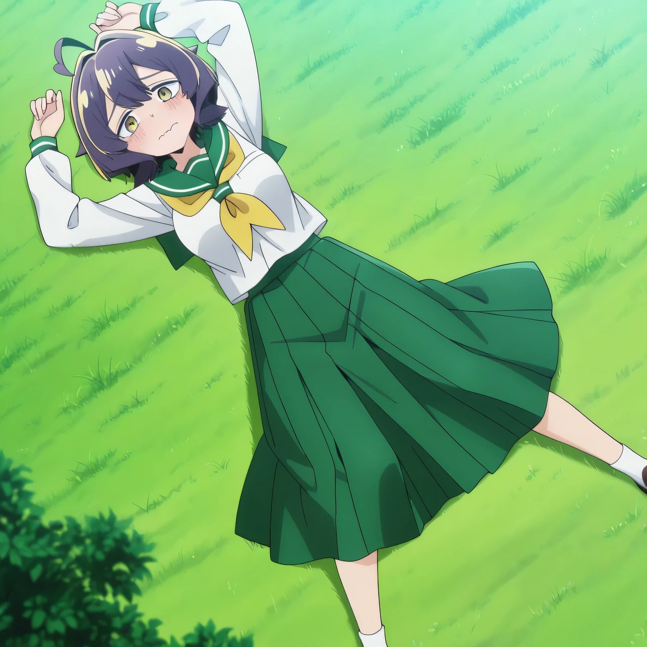EBBaiser, medium breasts, purple hair, ahoge, bangs, short hair, yellow eyes,
white shirt, green sailor collar, green pleated long skirt, long sleeves, yellow neckerchief, school uniform, serafuku, anime screencap, shiny skin, high quality, solo, lying, on back, arms up, legs apart, closed mouth, on grass, full body, medium wide shot, looking at viewer, wavy mouth, blush, shy, best quality