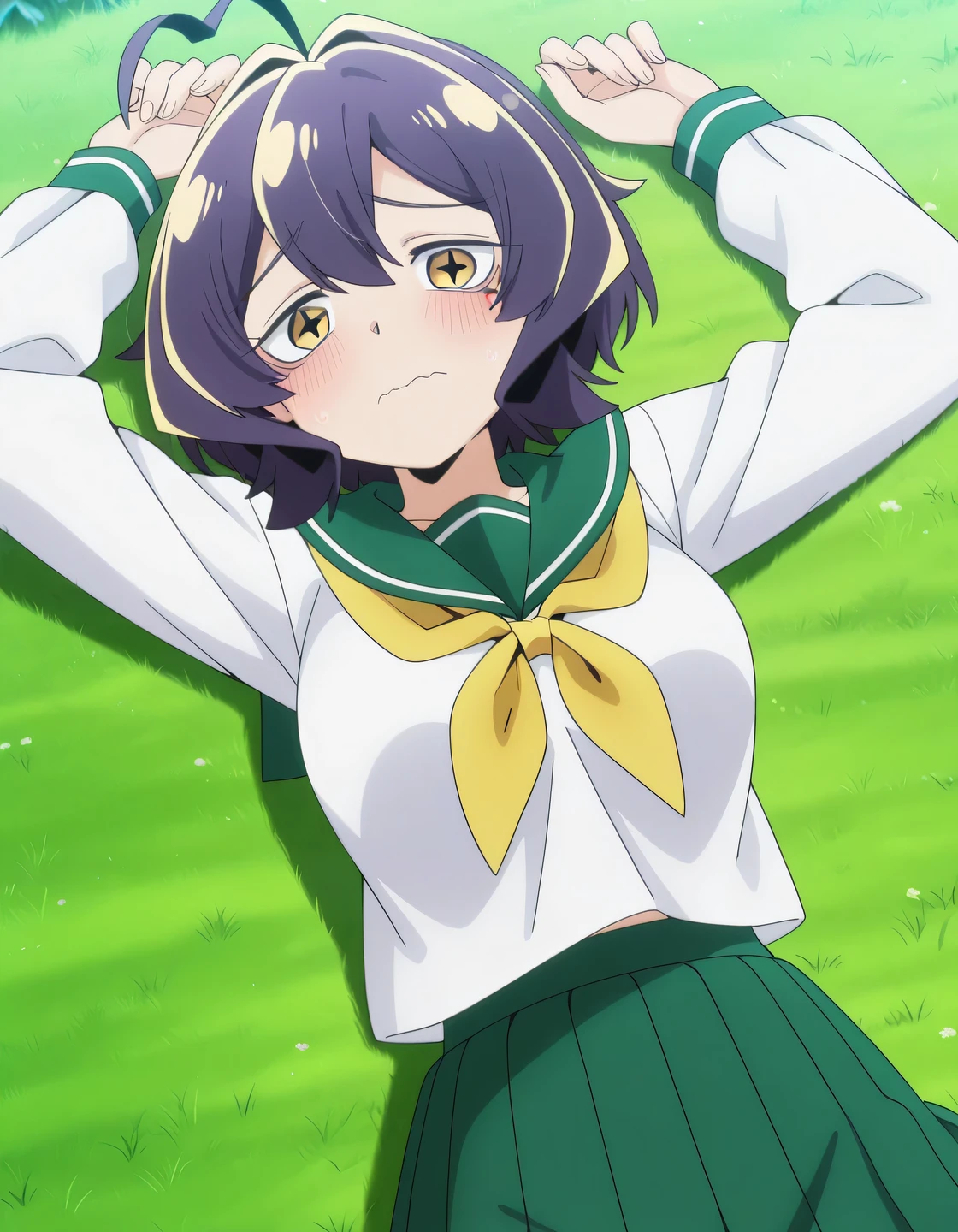 EBBaiser, medium breasts, purple hair, ahoge, bangs, short hair, yellow eyes,
white shirt, green sailor collar, green pleated long skirt, long sleeves, yellow neckerchief, school uniform, serafuku,  anime screencap, shiny skin, high quality, solo, lying, on back, arms up, legs apart, closed mouth, on grass, cowboy shot, medium wide shot, looking at viewer, wavy mouth, blush, shy, best quality