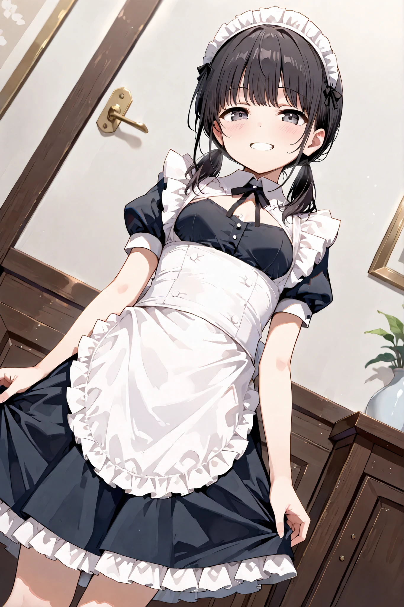 masterpiece,score_9, score_8_up, score_7_up, source_anime,dutch angle, absurdres,1girl, solo,loli,black hair, bangs,low twintails,small breasts,(maid),grin,looking at viewer,