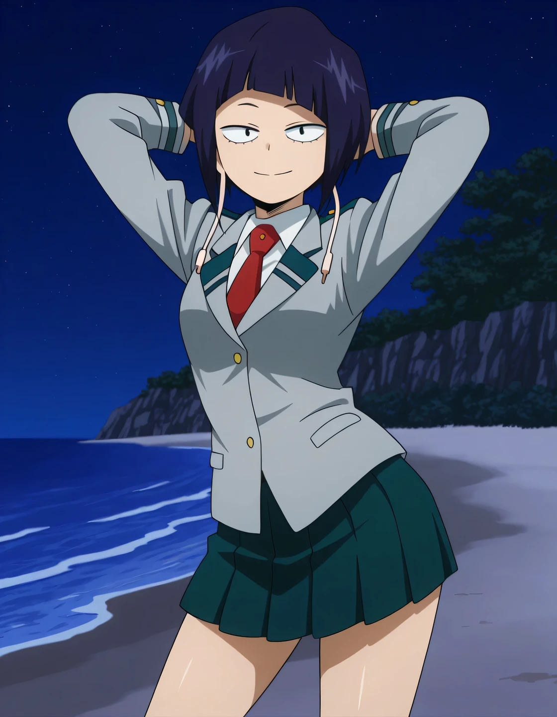 illujiro, short hair, bangs, long earlobes, purple hair, black hair, black eyes,
u.a. school uniform, red necktie, jacket, pleated skirt, anime screencap, shiny skin, high quality, solo, night sky, beach, hands behind head, ((contrapposto)), closed mouth, cowboy shot, looking at viewer, smile, best quality