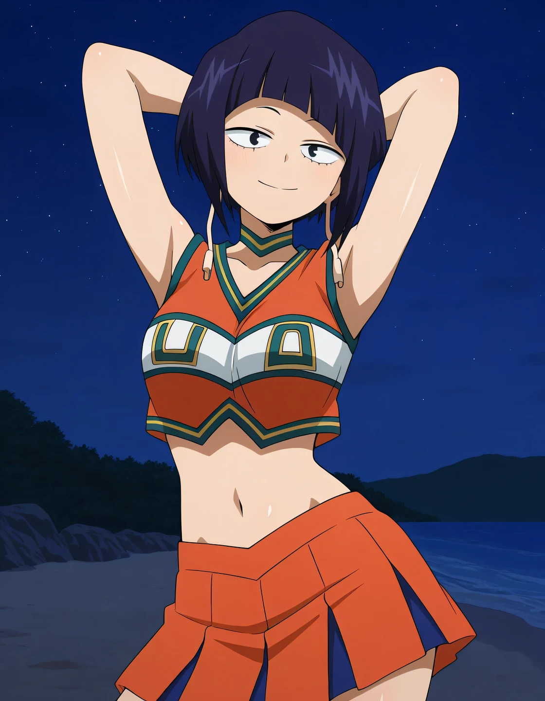 illujiro, short hair, bangs, long earlobes, purple hair, black hair, black eyes,
u.a. cheerleader uniform, orange crop top, orange pleated skirt, orange choker, midriff, anime screencap, shiny skin, high quality, solo, night sky, beach, arms behind head, ((contrapposto)), closed mouth, cowboy shot, looking at viewer, smile, best quality