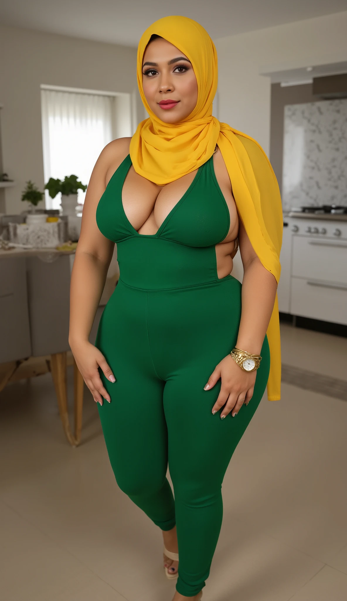 anatomically correct, masterpiece, best high quality, RAW Photo, perfect anatomy, 4k, quality lighting, detailed hands, detailed feet, detailed eyes, solo, female character, green dress, pear-shaped, dark green pants, purple shoes, purple neck scarf, green hair, green skin, massive thighs, massive hips, big breasts, massive  