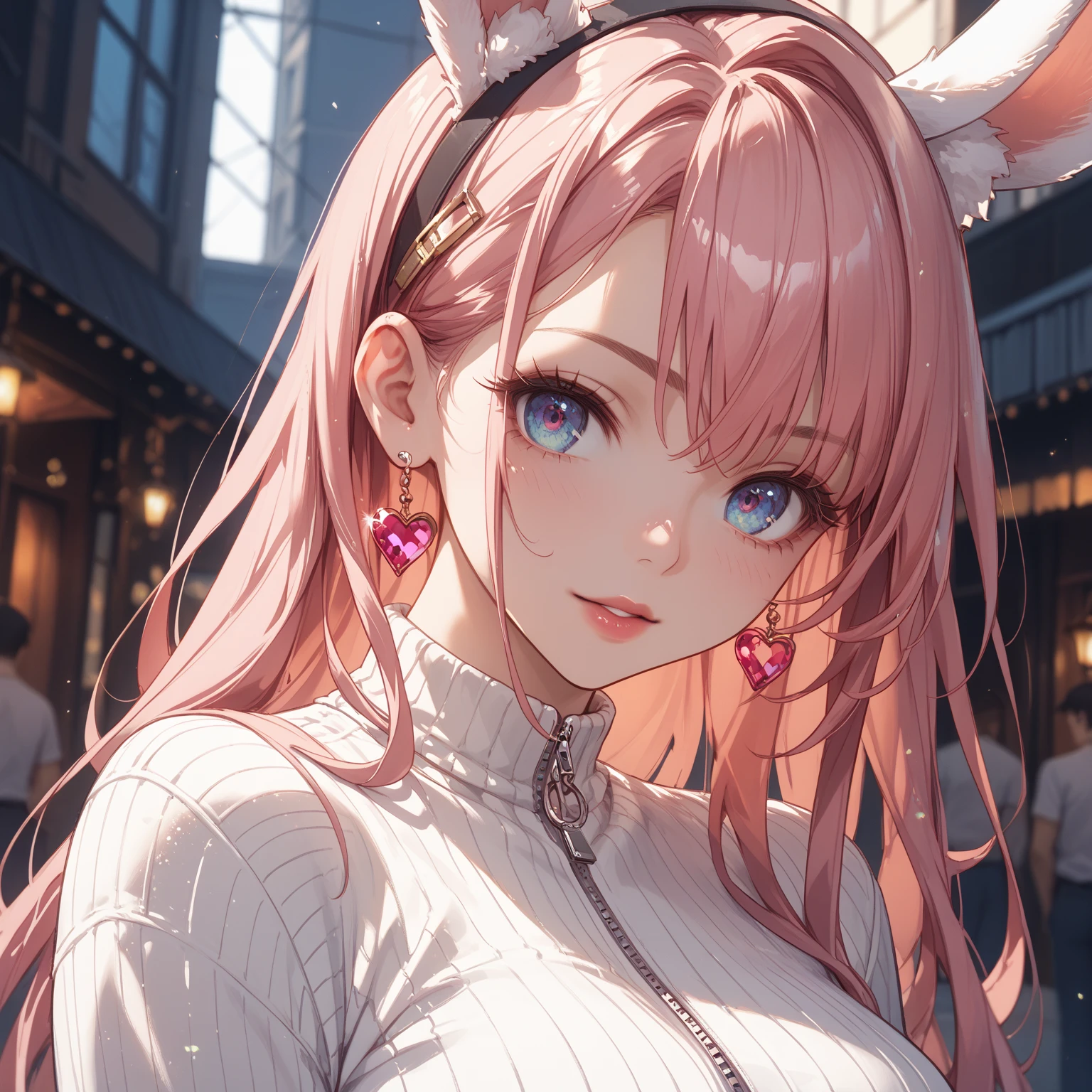 ((((Obra maestra, La mejor calidad, ultrahigh resolution)))), 1girl, standing,), ((long pure pink hair, hair over eye)), long hair cut, shiny skin, ((pink eyes)), glowing_eyes, neon eyes, (ultra detailed eyes:0.7, beautiful and detailed face, detailed eyes:0.9), ((centered)), smirk, facing viewer, ((vibrant background, dark lighting, summer, sunlight)), large chested, looking at viewer, ((half closed eyes)), ((perfect hands)), (((head:1, arms,  in view, elbows, in view))), ((hands behind back)), empty eyes, beautiful lighting, ((outside, outdoors)), defined subject, head tilt, (((gritty)), ((creepy)), ((cool)), ((beautiful)), (((SFW))), horns, hair ornament, petals in the air, moon in the sky, city, mature woman, adult woman, sfw, pink and white dress, night dress,  ears, she is a princess