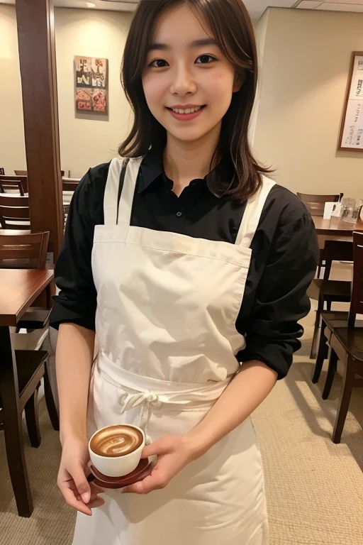 A 20-year-old girl working at a coffee shop decorated with hydrangeas（Wearing a  and apron）