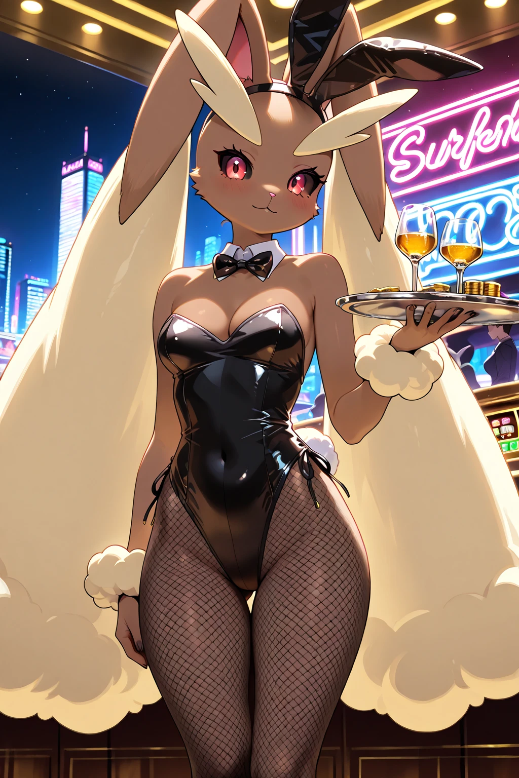 woman in a bunny costume with big fluffy ears, Confident, Eyes that meet the viewer directly, a slight smile, and a relaxed posture, Natural makeup with a black lips, Vivienne, erotic automaton created by a master craftsman, lies spread-eagled upon a cold marble slab, her limbs secured by chains that leave no part of her body untouched. Her master stands over her, his face twisted into a mask of cruel sadism as he wields his instruments of pleasure and pain against her quivering flesh. With each stroke, Vivienne's cries echo through the chamber, a symphony of torment and ecstasy that only serves to fuel her master's insatiable appetite for control,Wearing a sexy lace bralette and skirt set, From behind, highlighting the back of the subject and their environment, In the bustling city of Shanghai, neon lights dance along narrow alleyways filled with tantilizing smells emanating from local eateries serving up a storm of culinary delights ,