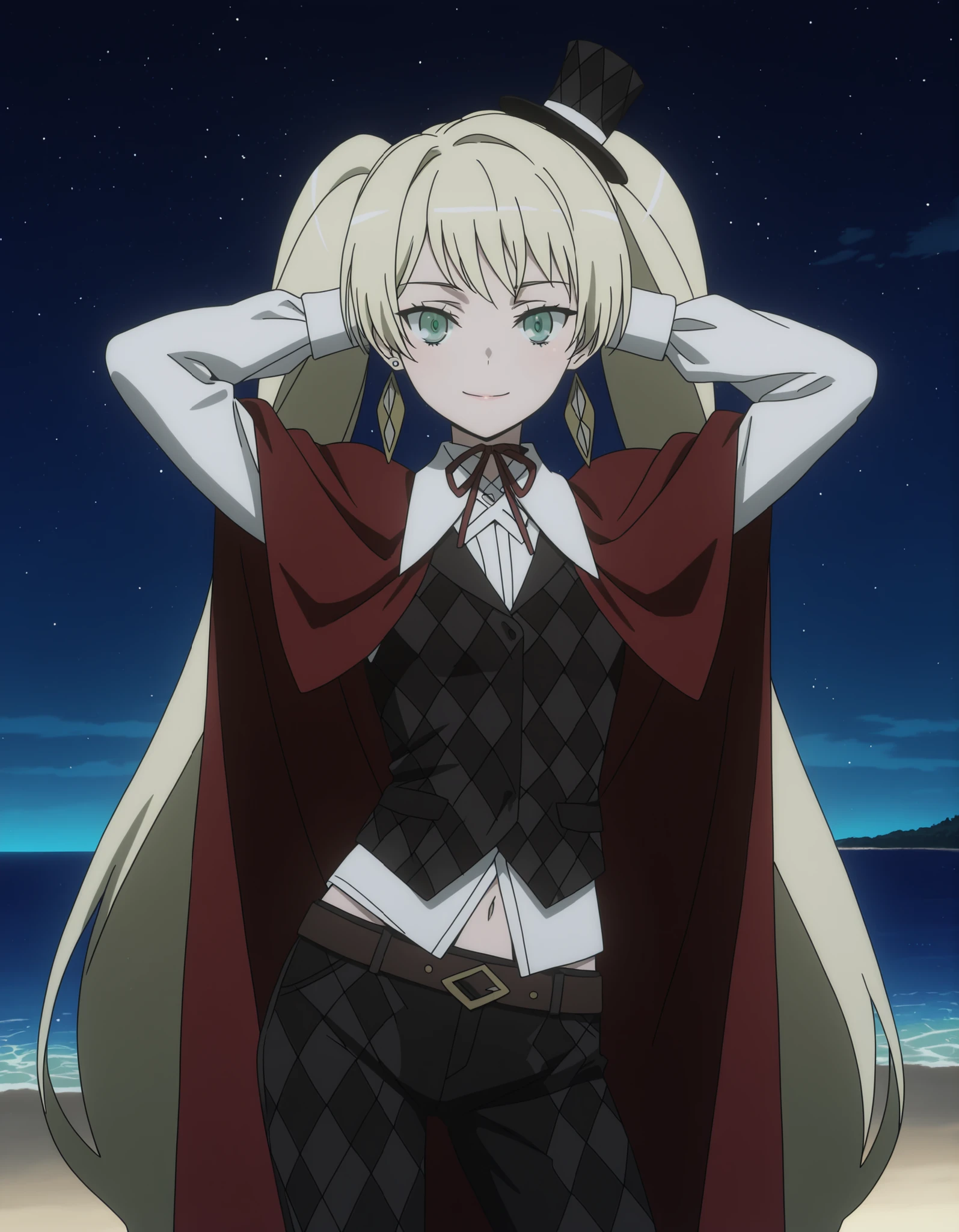 ladylee tangleroad, long hair, blonde hair, twintails, green eyes, anime screencap, hat, navel, jewelry, earrings, cape, vest, mini hat, top hat, belt, shirt, long sleeves, ribbon, white shirt, collared shirt, pants, neck ribbon, checkered clothes, high quality, closed mouth, solo, cowboy shot, night sky, beach, hands behind head, ((contrapposto)), smile, looking at viewer, best quality