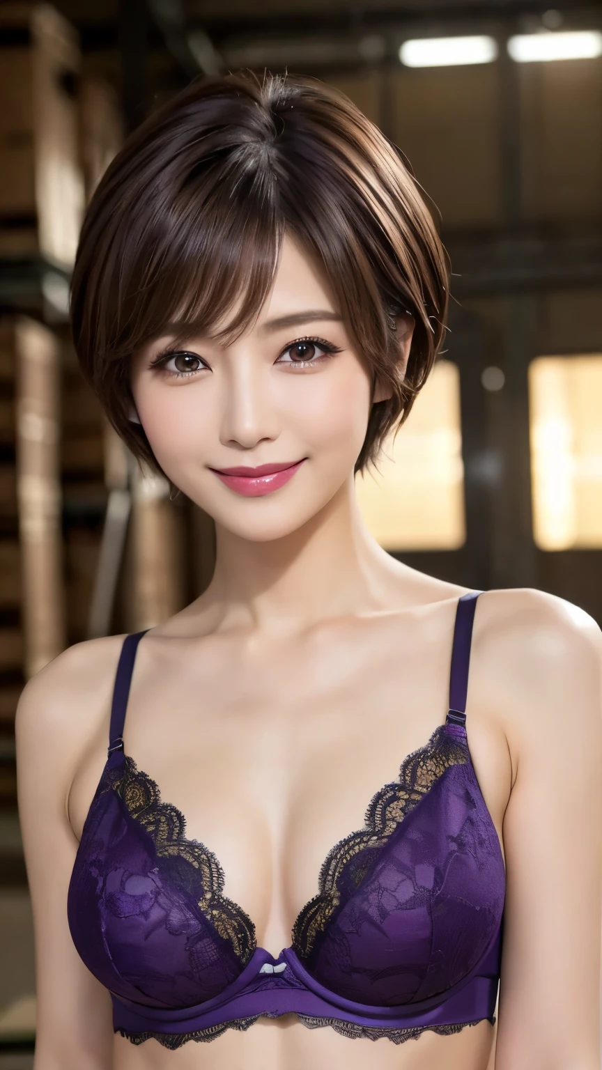   very detailed,  masterpiece ,  Highest Quality, (( Realistic)) 、(( mature 40 year old Japanese woman)) 、beautiful detailed eyes 、((Makeup、Lipstick))、(()), ( Slim, skinny body:1.5)、((with light brown hair、short hair to syota、 pixie hair、Cecil Cut )), Elegant and sophisticated 、(( from waist to head with camera ))、((purple black lace bra))、((An old warehouse in a dark basement lined with boxes))、((Smile))、Professional Cool Lighting、 