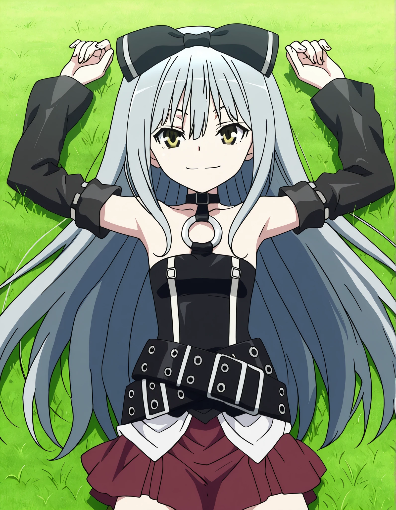 sora, long hair, bow, yellow eyes, hair bow, grey hair, black bow, anime screencap,
skirt, bare shoulders, detached sleeves, choker, belt, red skirt, black dress, o-ring, high quality, solo, lying, on back, arms up, legs apart, closed mouth, on grass, cowboy shot, looking at viewer, smile, best quality
