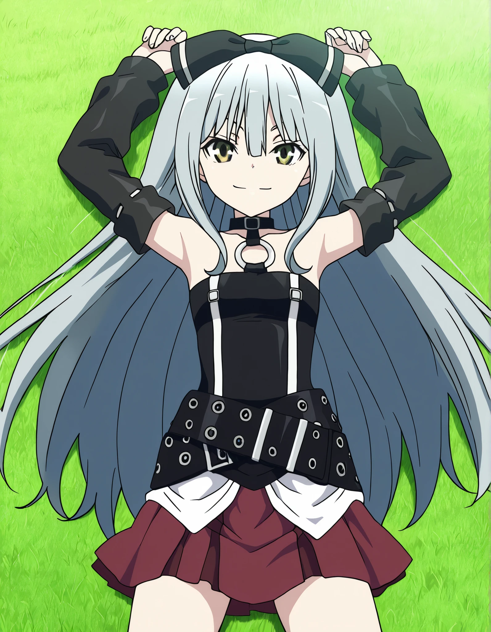 sora, long hair, bow, yellow eyes, hair bow, grey hair, black bow, anime screencap,
skirt, bare shoulders, detached sleeves, choker, belt, red skirt, black dress, o-ring, high quality, solo, lying, on back, arms up, legs apart, closed mouth, on grass, cowboy shot, looking at viewer, smile, best quality