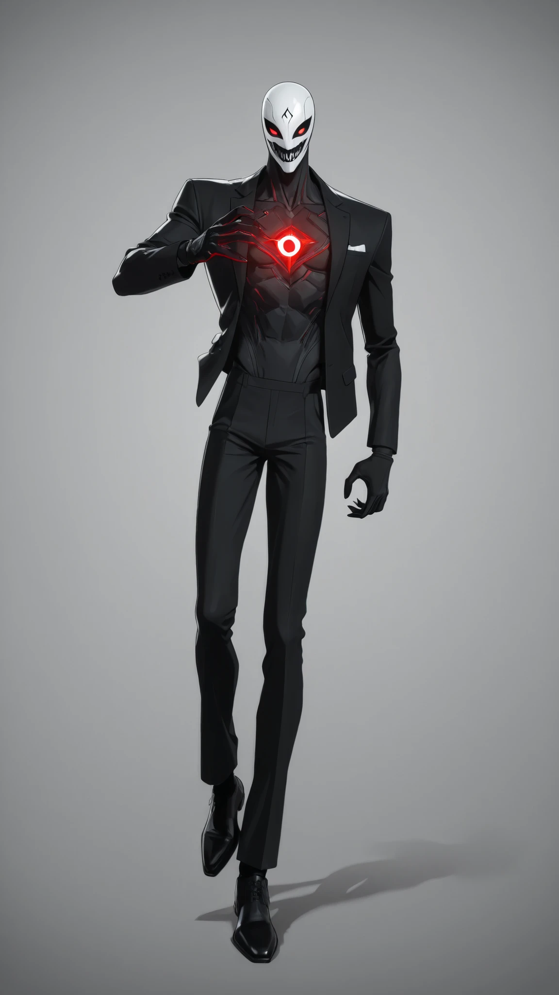 A man wearing a elegant black suit, wearing a high-tech monster face white mask with sharp teeth and a third eye on forehead, long white matted hair, gloves with sharp claws, slim athletic build, small red triangular energy core on chest, 2D cartoon style, 8K ultra HD, high quality, dynamic pose, good detailing, good lighting, half body, front view, white background 