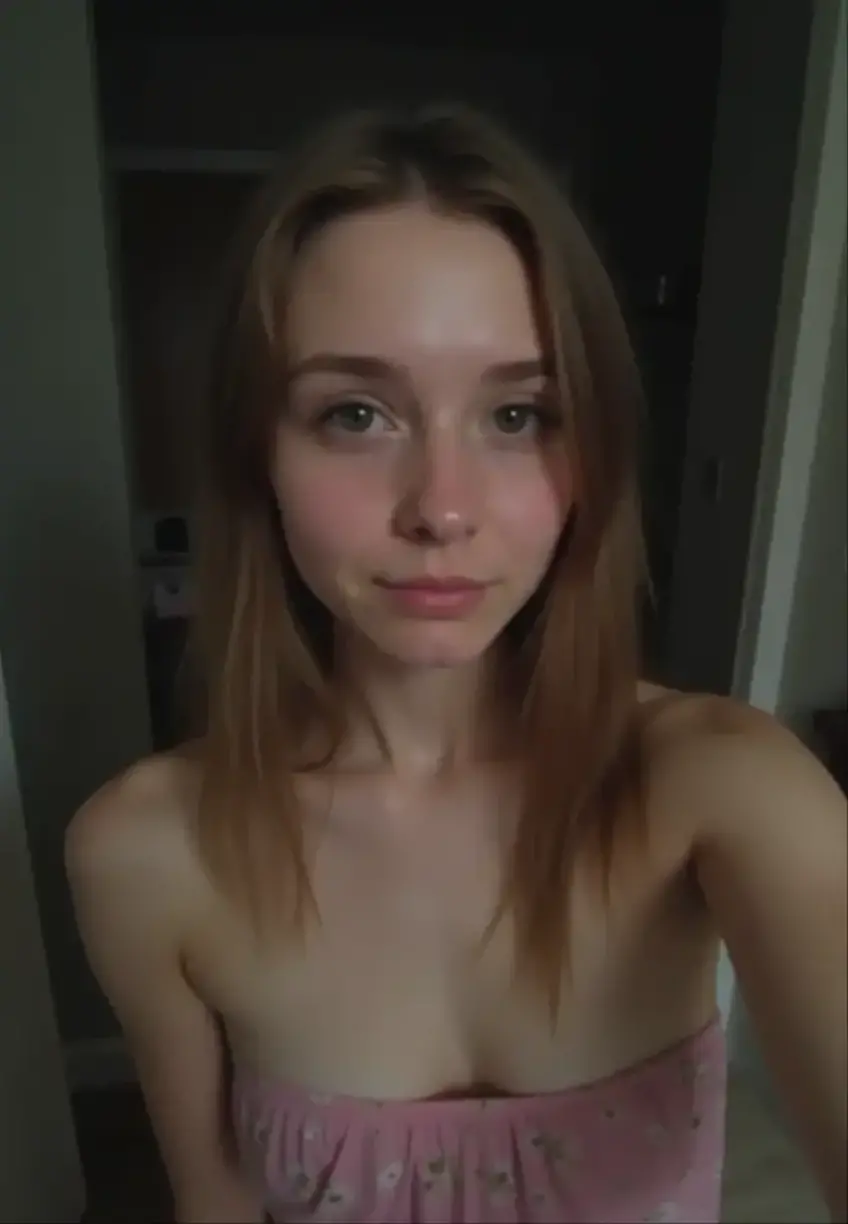 The image is a high-resolution photograph of a nude young woman, likely in her early twenties, with a slender, petite physique and light skin. She has straight, medium-length light brown hair with bangs that frame her face. She is smiling softly, giving a casual, friendly expression. Her breasts are small to medium-sized, and she has a small, natural-looking pubic area with visible pubic hair.