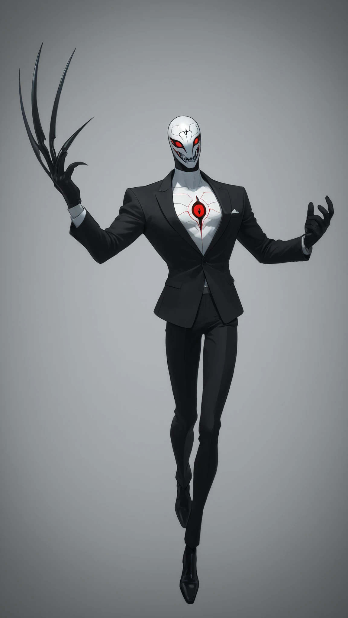A man wearing a elegant black suit, wearing a high-tech monster face white mask with sharp teeth and a third eye on forehead, long black matted hair on head, gloves with sharp claws, slim athletic build, small red triangular energy core on chest, 2D cartoon style, 8K ultra HD, high quality, dynamic pose, good detailing, good lighting, half body, front view, white background 