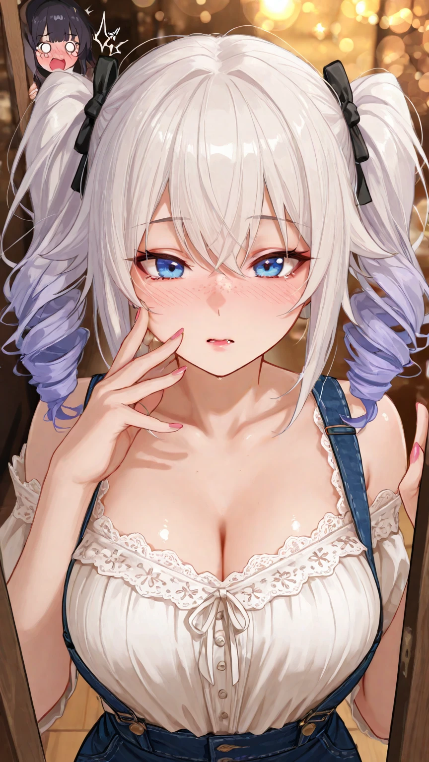 beautiful, masterpiece, Highest quality, anime, One girl,Portrait Shot, View your viewers, Covered、Short Hair、nearby、Blue Eyes、art、White hair,black streaked hair、Thighs、Braid、Bright、smile、、Cleavage、Sitting cross-legged、barefoot、pajamas、pants