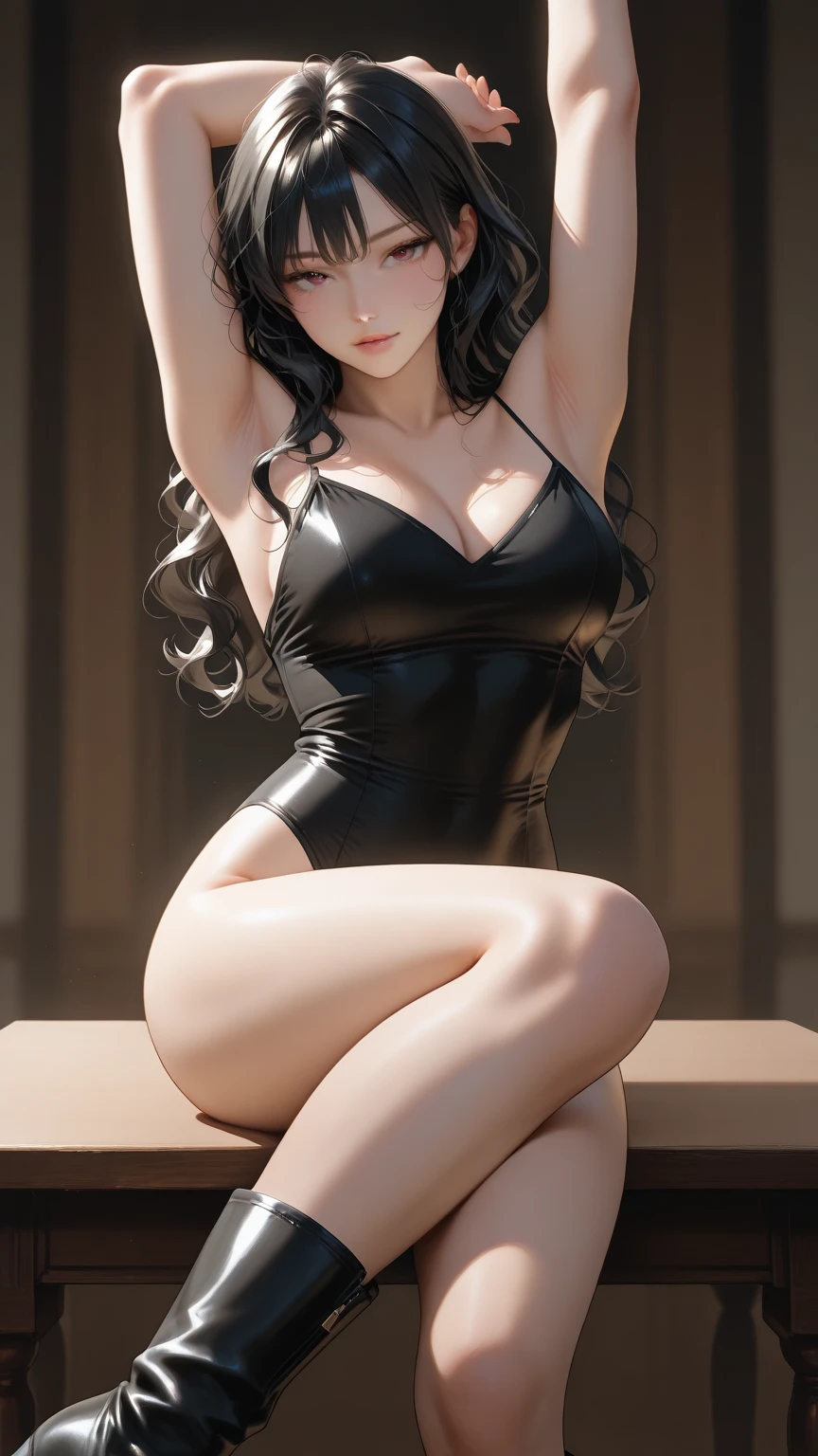 medium hair, looking back, sleeveless dress, covered nipples, one eye closed, lying, pantyhose, boots, top-down bottom-up, girl on top, high heels, on back, upper body, lips, clitoris, stud earrings, anus, bangs, black nails, mole, bare shoulders, dress, plant, looking down, wet, thigh gap, standing, kneepits, bench, cross, see-through