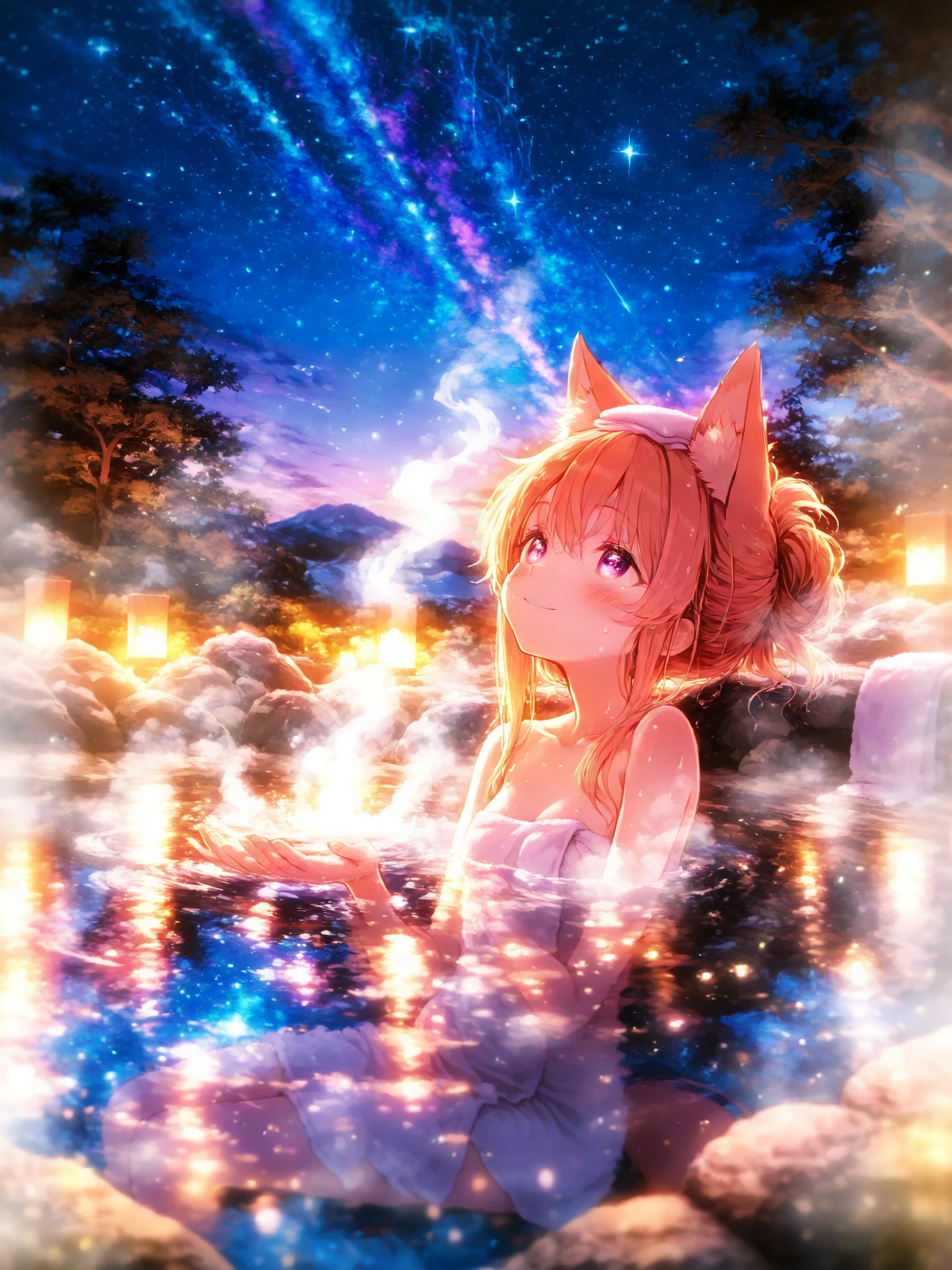 A fox girl bathing in an open-air hot spring, petite, cute, with fox ears, a hand towel folded on her head, looking up, smiling, flushed cheeks. Open-air bath, rising steam, reflecting the starry sky, hot spring like Lake Uyuni, a starry sky all around, light particles, colorful shining, ray tracing, fantastical.