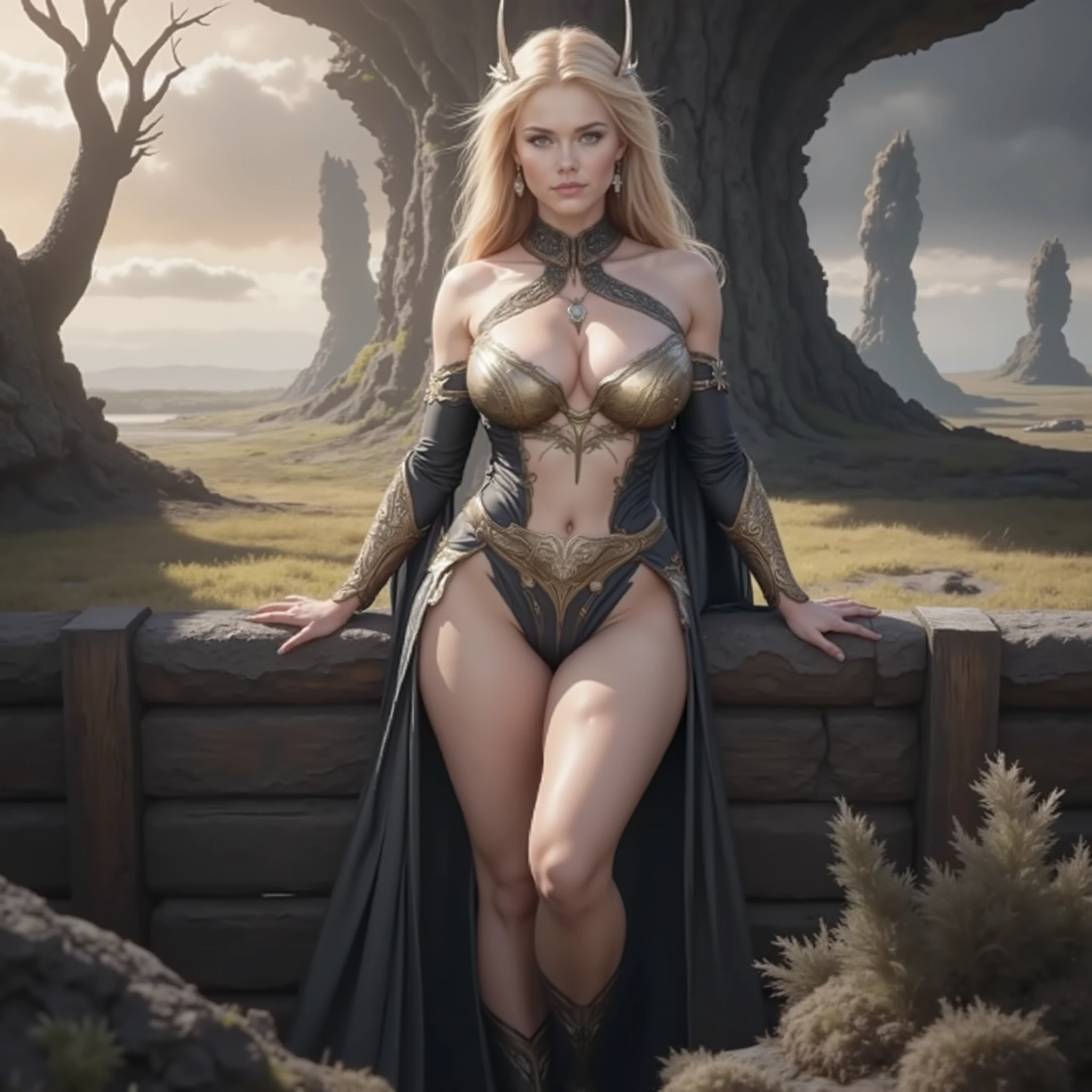 a Norway mythology female, physically perfect body, muscular, tone tall body, very long flowing golden blonde wavy hair, big breasts, with her pet raven, 8k, high quality, professional, photorealistic, hyperrealistic, dramatic lighting, detailed facial features, powerful expression, imposing presence, rugged outdoor landscape, cloudy sky, sunlight rays, rocky cliffs, dense forest, nordic mythology, epic fantasy