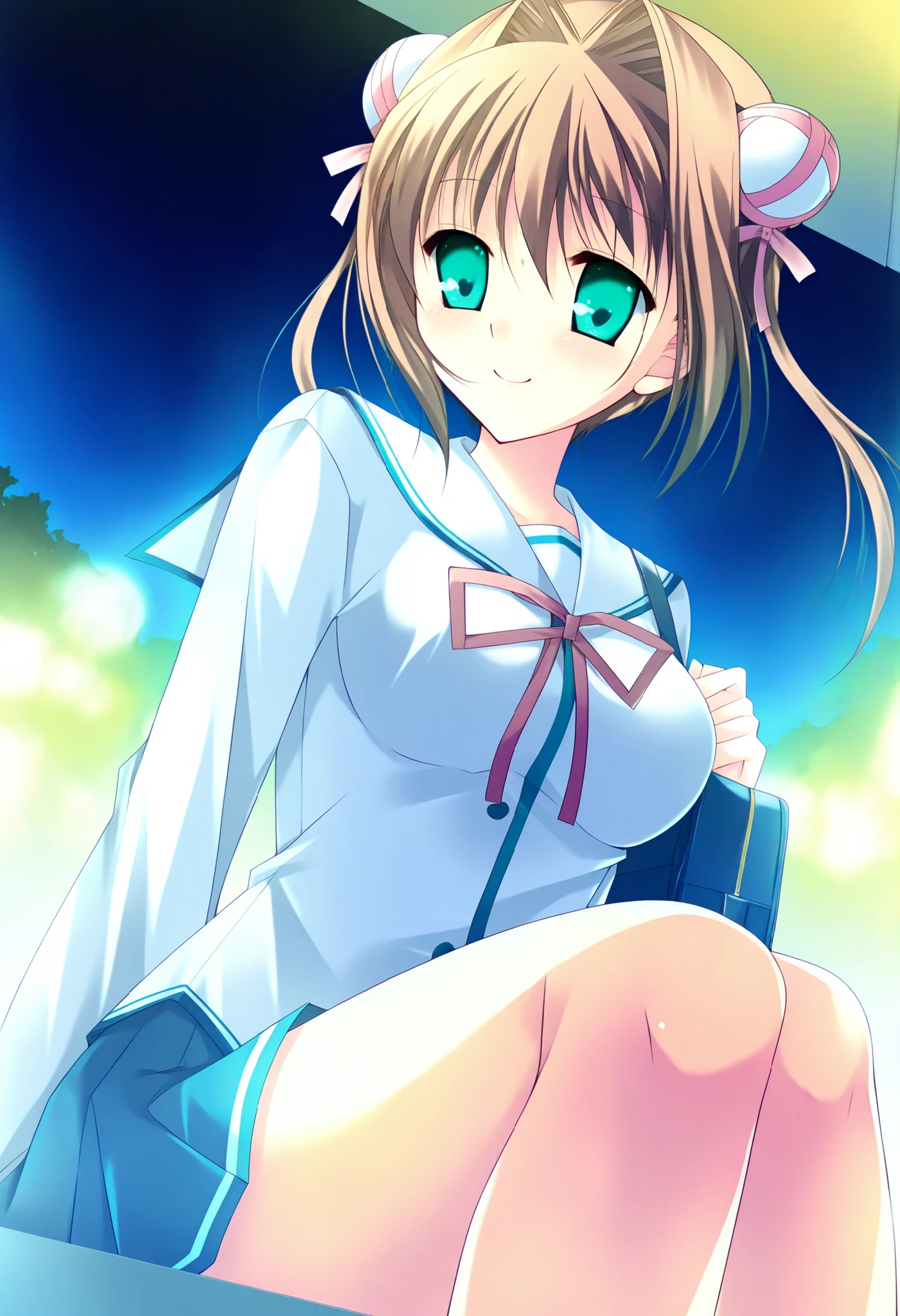 yume,score_9,score_8_up,score_7_up,sauce_anime,1 girl,(medium breasts),sitting,white school uniform,school uniform has three buttons,serafuku,long sleeves,blue pleated miniskirt,school bag,night,smile,glossy lips ,closed mouth,blush,