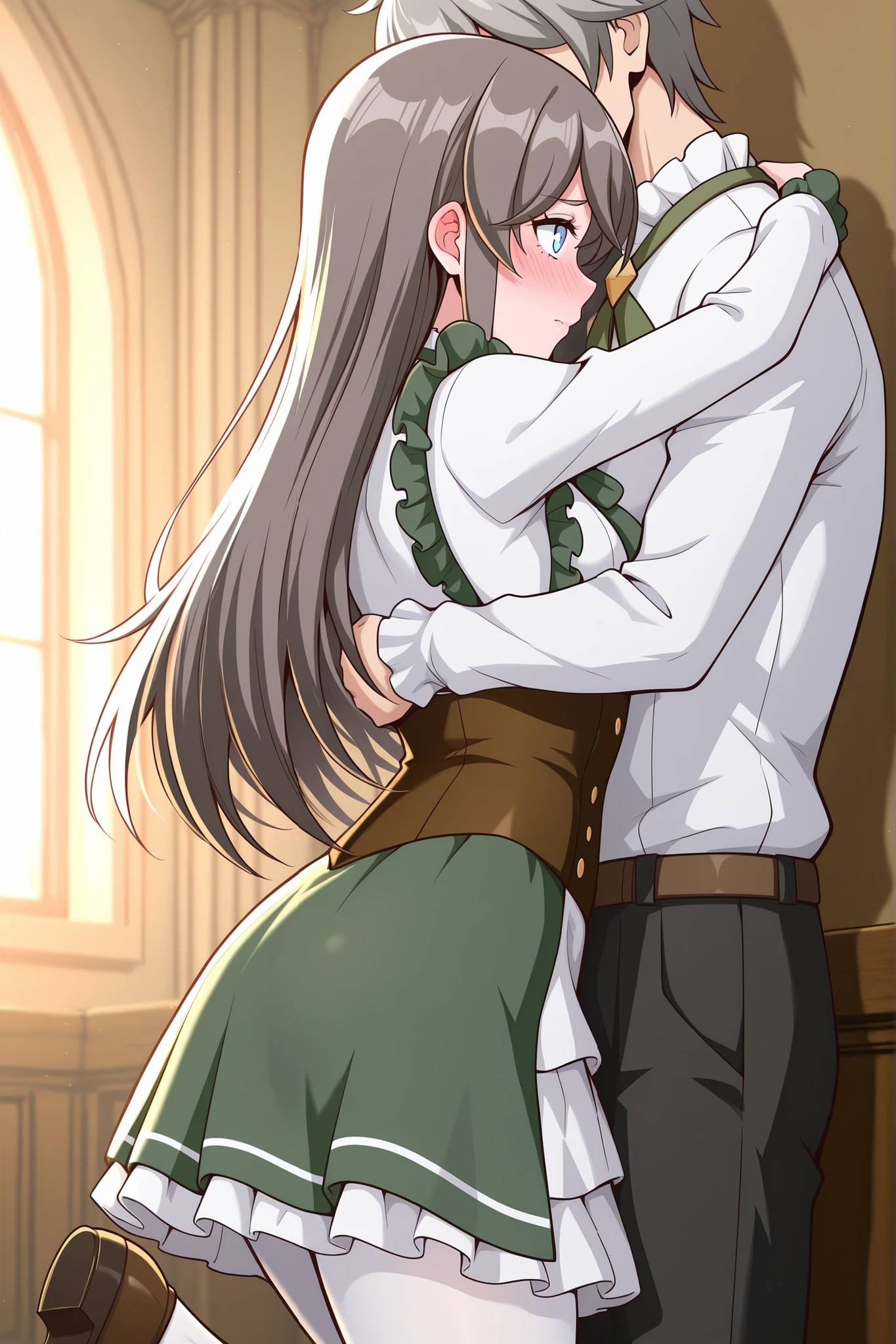 BREAK masterpiece, best quality), amazing quality, absurdres, highres, newest, HDR, 8K, tilly_wimbledon, grey hair, long hair, blue eyes, two-tone dress, frills, long sleeves, brown corset, green neckerchief, loafers, white pantyhose, 1girl, 1boy, (cuddling:1.2), (cowboy shot:1.3) (side view:1.3 ), embarrassed