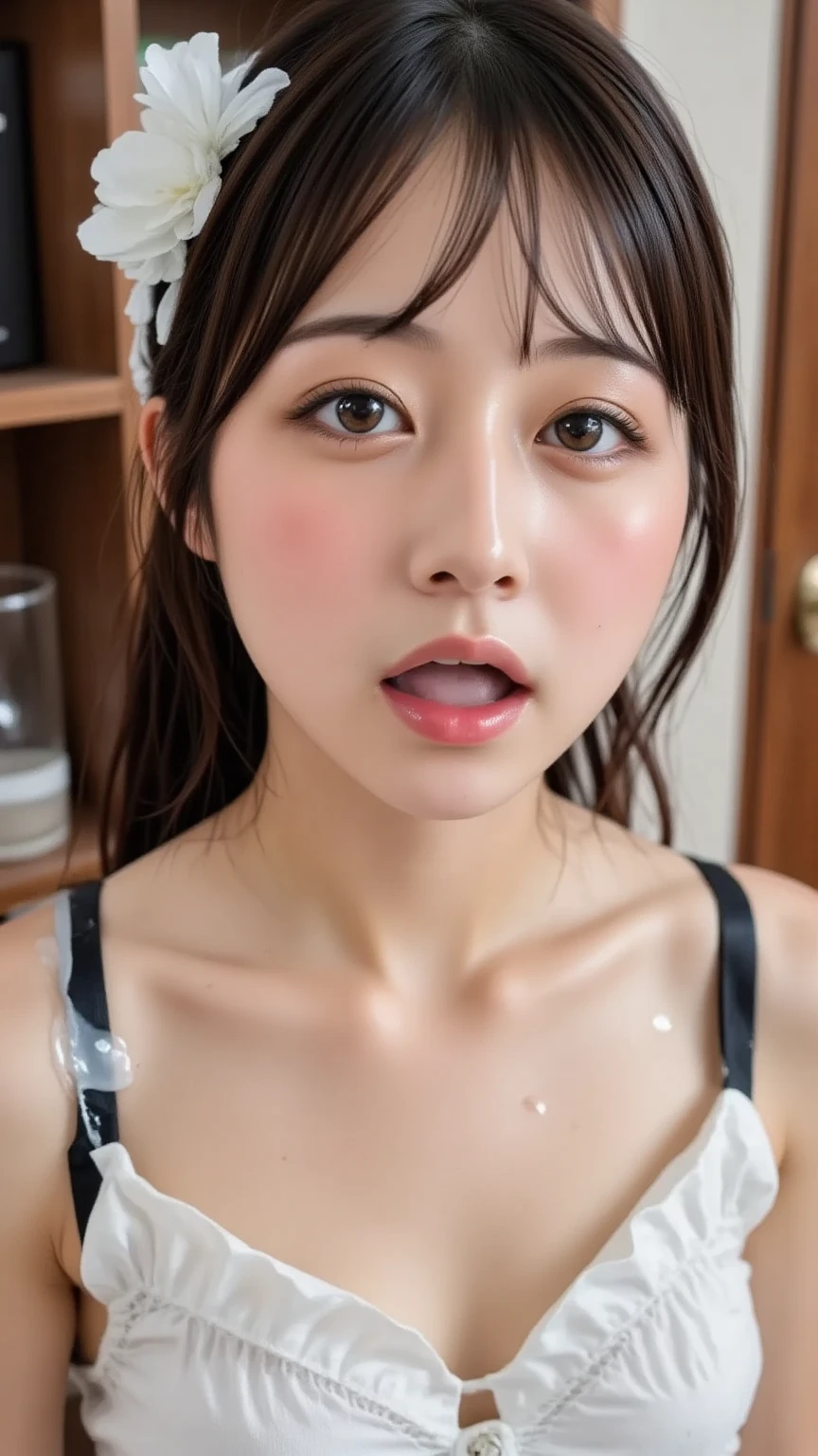 (best quality:1.4,masterpiece)),((16k,RAW photo)),((realistic, photo realistic)),(ultra-detailed, detailed face, detailed skin texture),(professional lighting, professional photography)break , masterpiece, best quality,  1girl, solo, large breasts, short hair, light brown hair, gray eyes, hotel, , , (:1.3), pov, 1boy, , (:1.2), (lying on froor:1.2), steam, sweat, (overhead shot:1.2),  excited, upper body, ( :1.5))