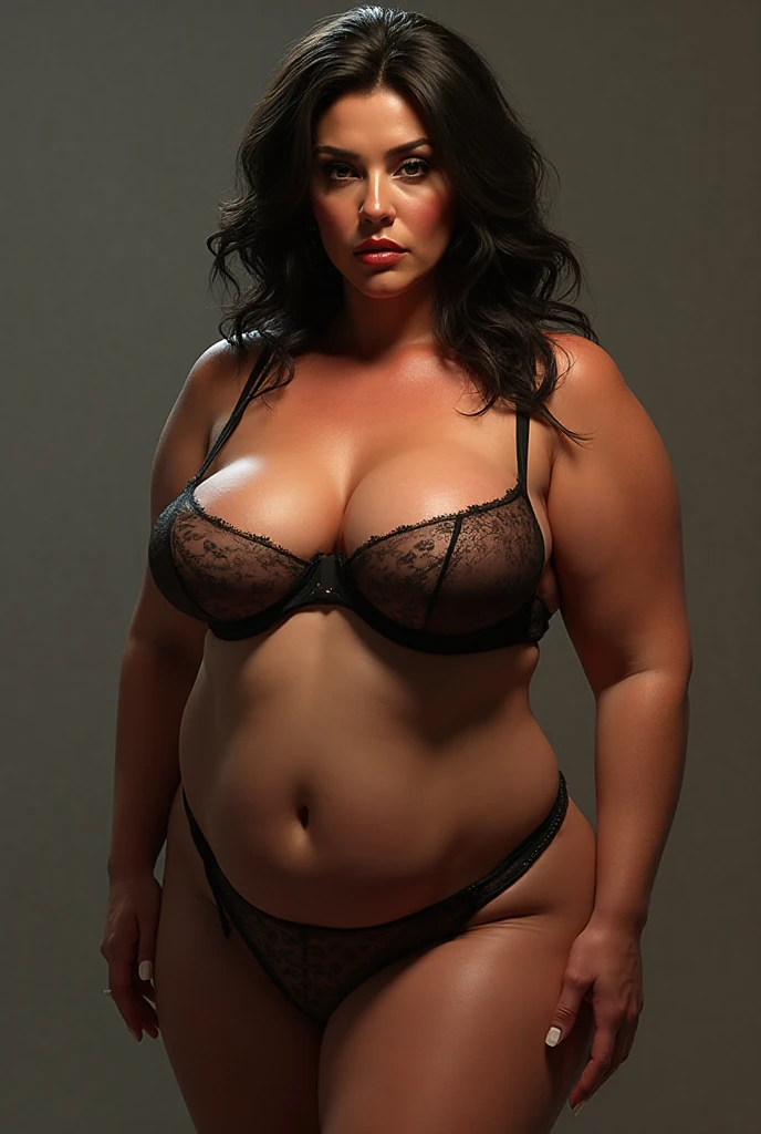 Full body shoot, Beautiful plus size model, plus size figure, black bra, black panties, posing, looking at viewer, (simple black background), soft light passing through hair, depth of field, bokeh