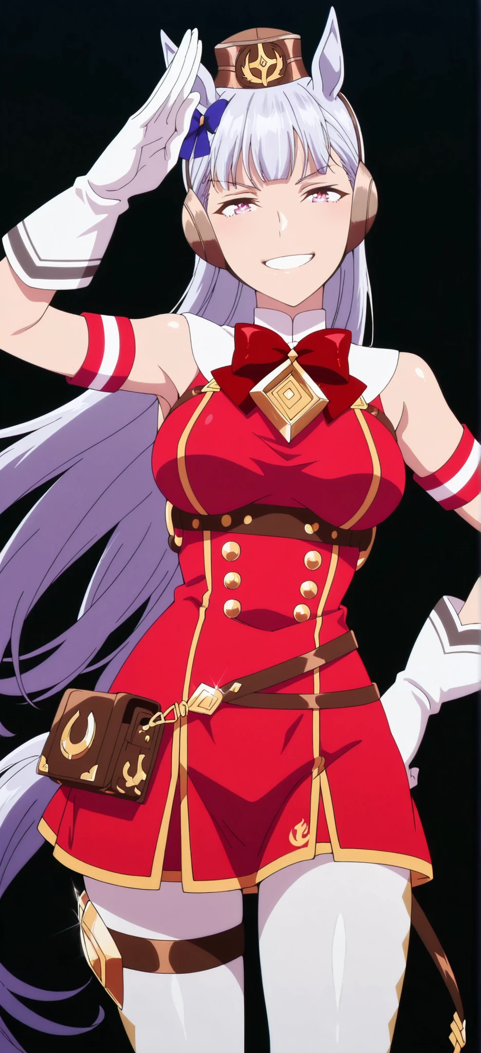 (masterpiece) , (best quality) , (amazing quality) , (hyper-detailed) , (((anime))), (((anime coloring))), (masterpiece), (best quality), (ultra-detailed), (((anime))), (((anime screencap))), (anime keyvisual), ((anime coloring shiny skin)), very aesthetic, masterpiece , best quality , amazing quality , very aesthetic , absurdres , newest , black background, simple background, anime screenshot , anime coloring shiny skin , horse ears , long hair , animal ears , horse girl , 1girl , solo , bangs , goldshipracing , tail , horse tail , gloves , upper body , smile , portrait , horse pose , white pantyhose 1 girl, ((((solo)))), smile: 0.3,shiny skin, looking at viewer, ultra detail anime coloring shiny skin, ultra detail body, ultra detail face, ultra detail eyes