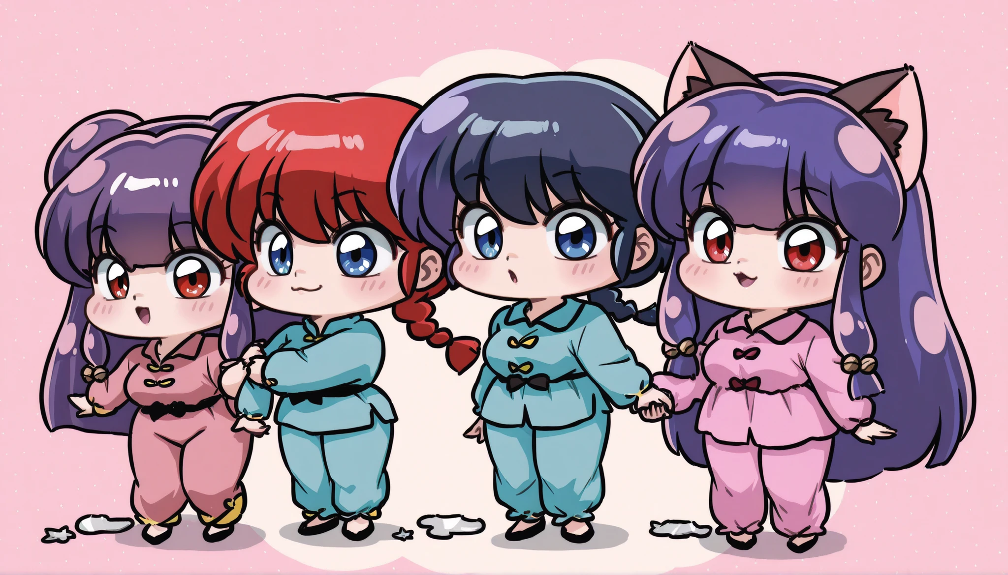 3 girls hugging, ranma 1/2 characters, (girl 1, ranma saotome, red hair, Hair with a braid, blue eyes, Pechos grandes), (Girl 2 , akane tendou (ranma 1/2), dark blue hair, straight short hair , ojos cafes, Medium breasts), (Girl 3, Shampoo (ranma 1/2), purple hair, long hair, Red Eyes, Pechos grandes), NSFW,  sexy hips, sexy girls , Japanese Dojo , by day, cute women hugging, Cute anime girl, blushed, standing,  poses cute , imagen linda wallpaper, full bodies,  chibis , looking at the spectator, happy, arm hug, holding another's arm, plush pajamas, cute kittens, full body pajamas, nothing, dressed as cats, cat ears, cat glue, 