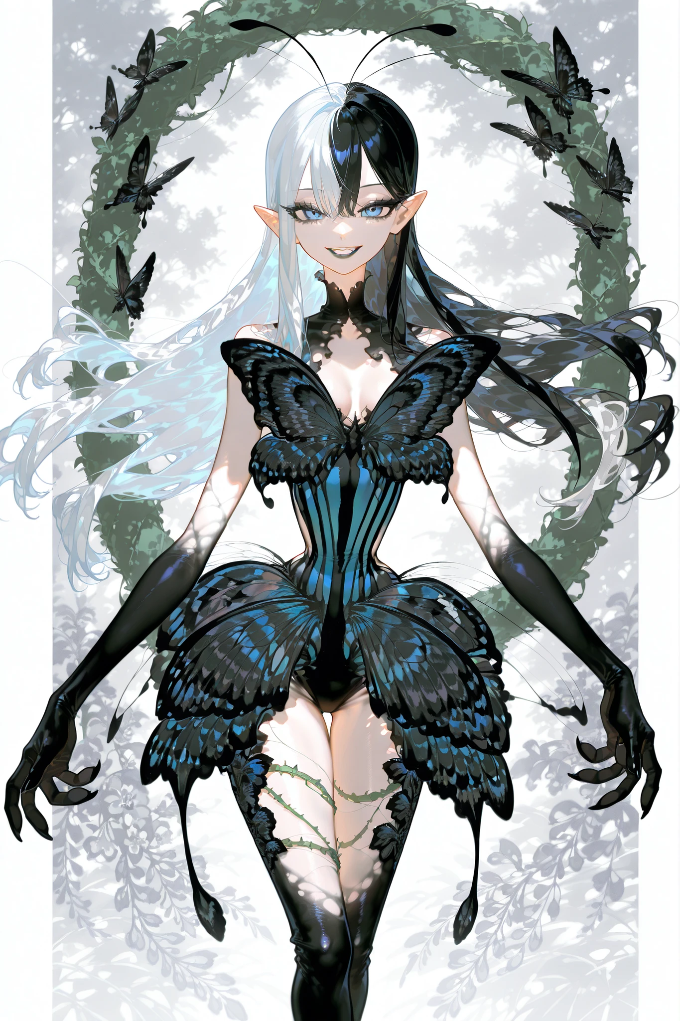 (SPLIT-COLOR HAIR,MIX OF BLACK AND WHITE HAIR,xxx667_illu,Black butterfly leotard, narrow waist,) Dark faèrie-girl. She has an asthenic skinny flat-chested physique, she has long elegant swan neck,clawed six-fingered limbs,long pointy ears. She has huge sharp pitch black butterfly wings. She has elegant curving antennas. She has white skin and a long straight nose. She has black lipstick and sharp needle-like teeth.
She has straight longest striped hair with NO BANGS. She has royal blue eyes with Nazar symbol. She wearing in jet-black closed skin-tight catsuit with nature embroidery and engraving of vines. (On background: twilight forest where purple-black trees are covered with bioluminescent moss , multicolored Lilly flowers and mushrooms. Black butterflies and moths are flying everywhere.)