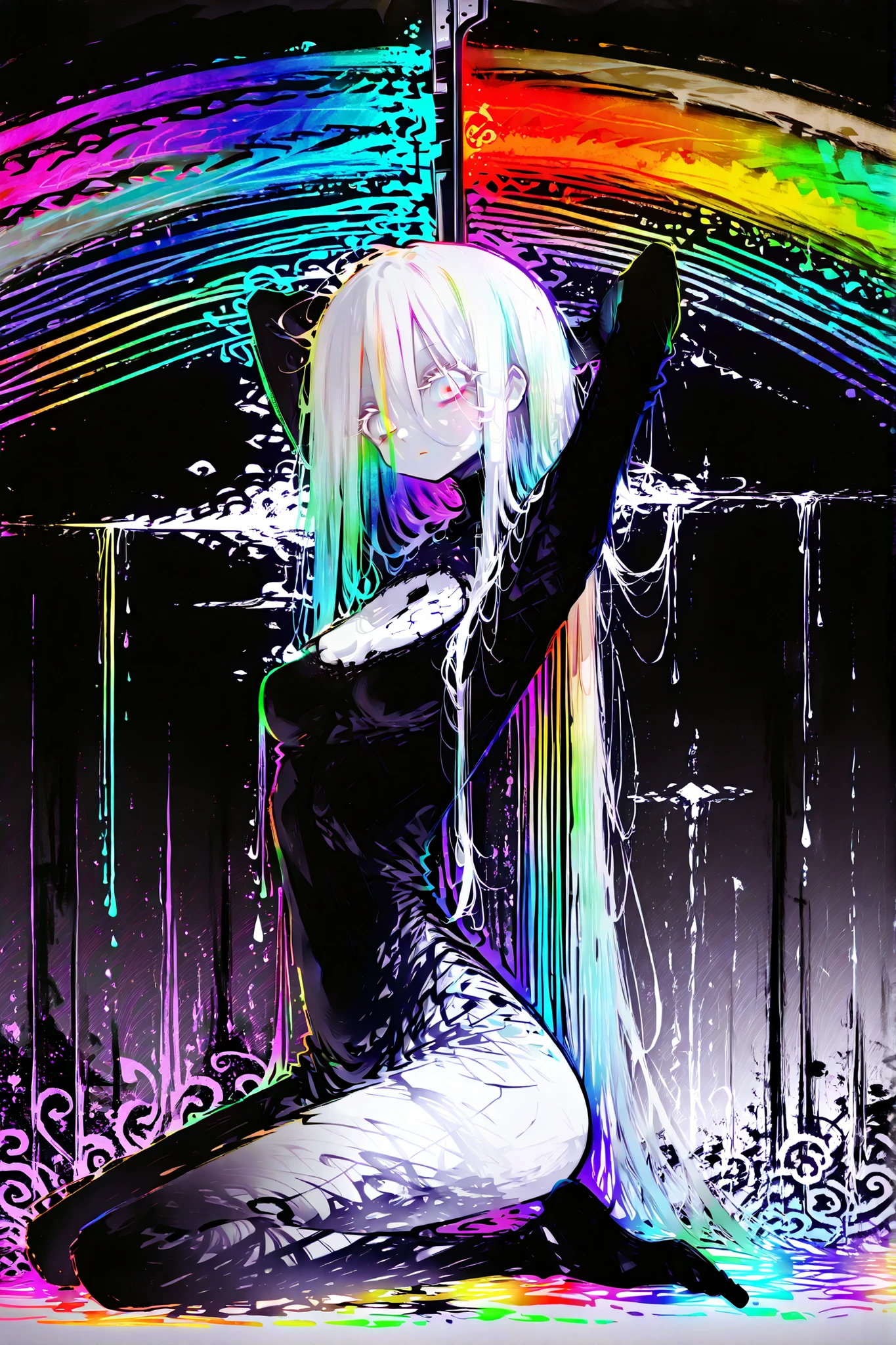 hzk, ((paste)), cute face, ((perfect eyes)), masterpiece, highest quality, Ultra High Quality, 40k, high contrast, solo Beautiful and delicate girl, standing, Long white eyelashes, small breasts, perfect eyes, (detailed face), ((messy long hair)), white hair, extreme long hair , ((medium breasts)), BREAK. holding weapon, (aiming viewer),  arms behind head, upper body, side view, wariza, ((dynamic POSE)), BREAK,  ((front view)), focus face, ((sharp focus)), her outline shimmery, gray gradient background, ink painting, outline glows faintly, Outline Illuminated, black background, sooty background, (((psychedelic line art, colorful outline, neon colors, rainbow lines, no fill, no shading))).