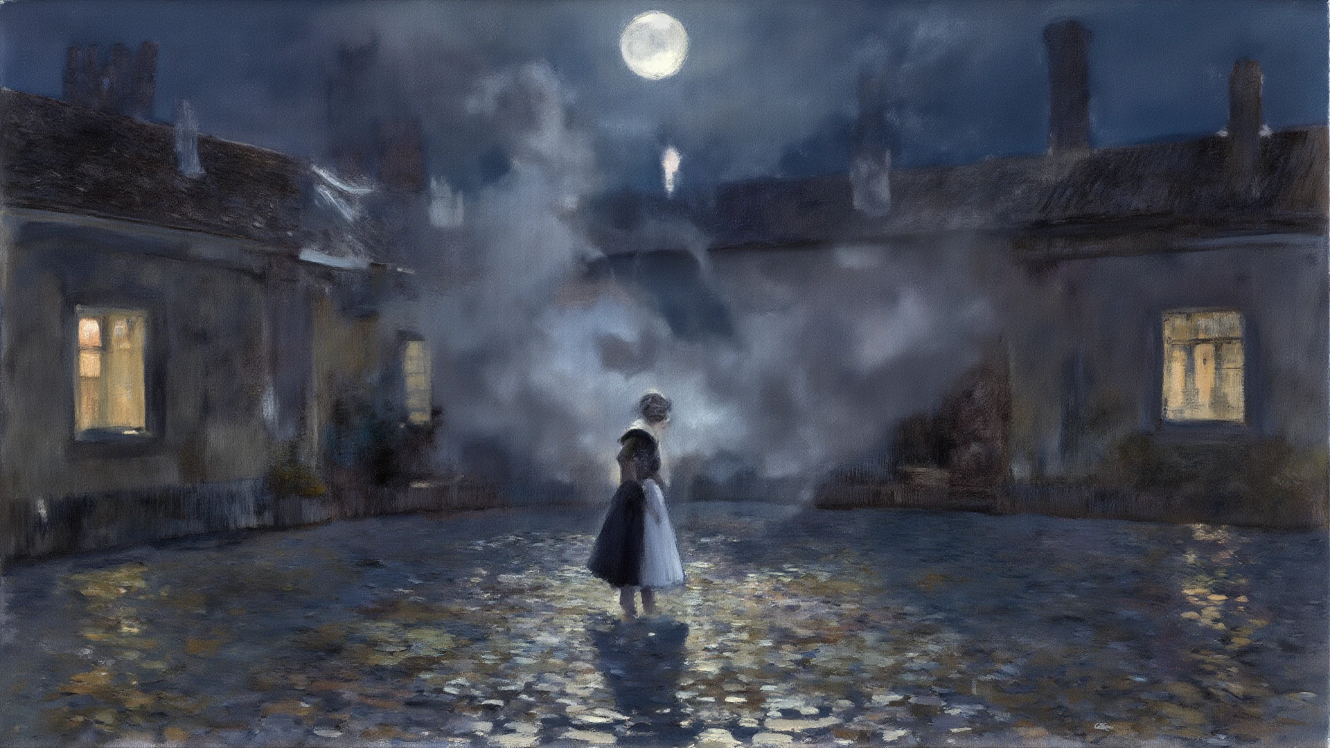 Artistic watercolor depiction of a moonlit castle courtyard at night ...