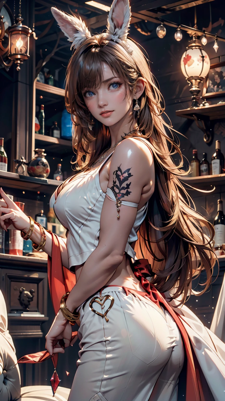 ((Top Quality))) (((high resolution))) (((8k))) (characters) 20 year old girl, ((Adventurous)) elf, ((beautiful))  ((happy)), ((brown hair))  ((long hair)).、sexy proportions、constricted waist、place your hands on your hips、smile