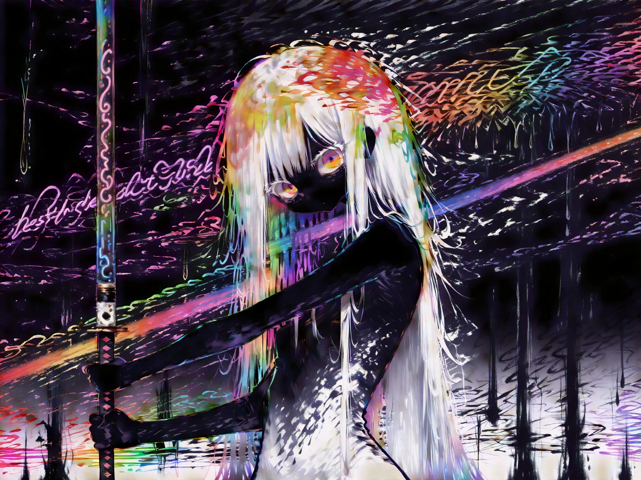 ((sharp focus)), ((perfect eyes)), hzk, ((paste)), cute face,  masterpiece, highest quality, Ultra High Quality, 40k, high contrast, solo Beautiful and delicate girl, standing, Long white eyelashes, small breasts, perfect eyes, (detailed face), ((messy long hair)), white hair, extreme long hair , small breasts, BREAK. holding weapon, (aiming viewer), ((fighting against viewer)), Hold weapon at eye level, (hold pole wepon a Billiards stance), upper body, side view, ((dynamic POSE)), BREAK, upper body, ((front view)), focus face, her outline shimmery, gray gradient background, ink painting, outline glows faintly, Outline Illuminated, black background, sooty background, (((psychedelic line art, colorful outline, neon colors, rainbow lines, no fill, no shading))).