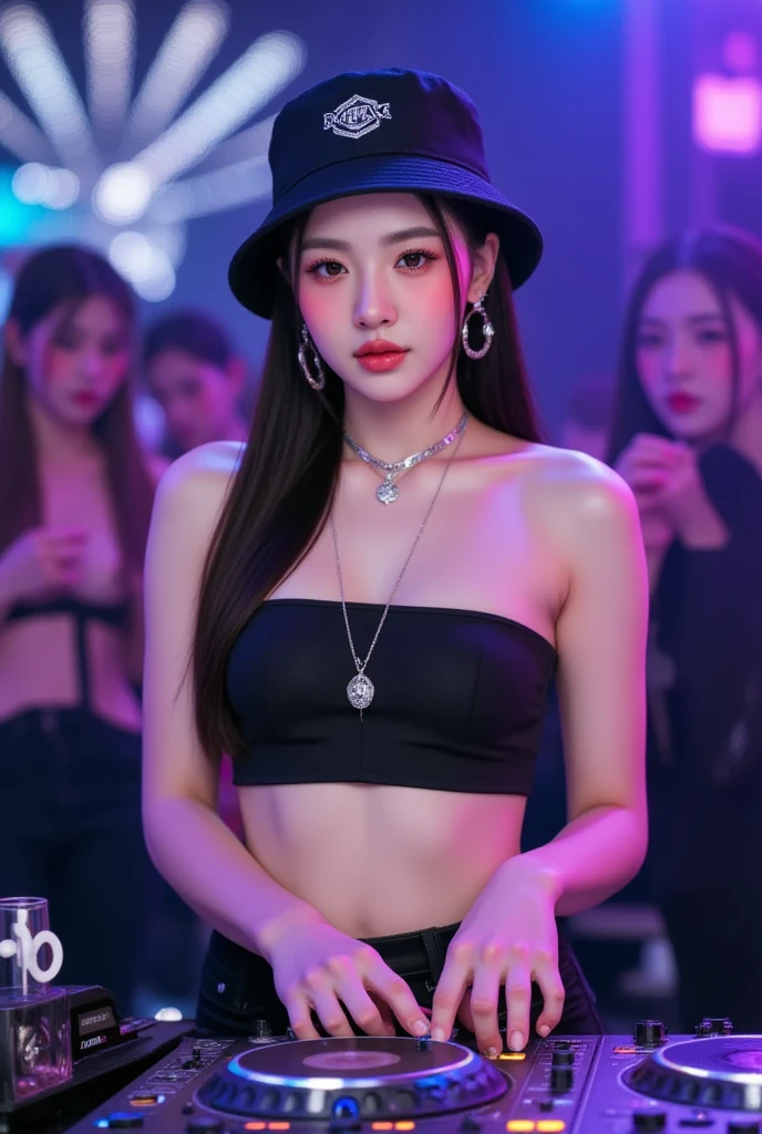 Nights,( parties:1.3), (neon lights:1.4),( lively:1.3), glowing earrings, realistic, pub,
1girl, solo, looking at viewer, realistic, midriff, bare shoulders, standting, hair ornament, black hair, jewelry, brown hair, parted lips, skirt, purple skirt, cowboy shot
 