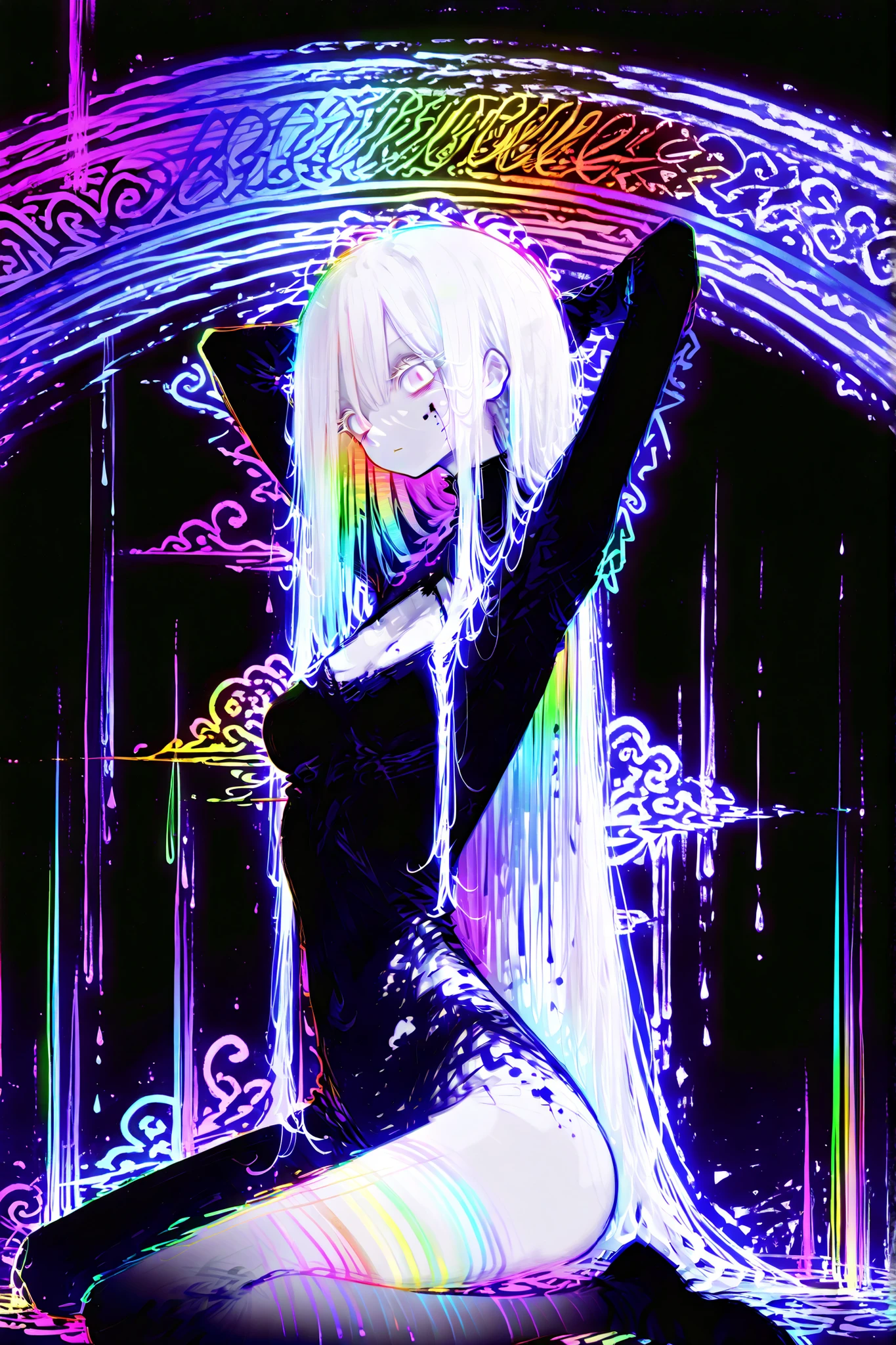 ((sharp focus)), hzk, ((paste)), cute face, ((perfect eyes)), masterpiece, highest quality, Ultra High Quality, 40k, high contrast, solo Beautiful and delicate girl, standing, Long white eyelashes, small breasts, perfect eyes, (detailed face), ((messy long hair)), white hair, extreme long hair , ((medium breasts)), BREAK. holding weapon, (aiming viewer),  arms behind head, upper body, side view, wariza, ((dynamic POSE)), BREAK,  ((front view)), focus face, her outline shimmery, gray gradient background, ink painting, outline glows faintly, Outline Illuminated, black background, sooty background, (((psychedelic line art, colorful outline, neon colors, rainbow lines, no fill, no shading))).