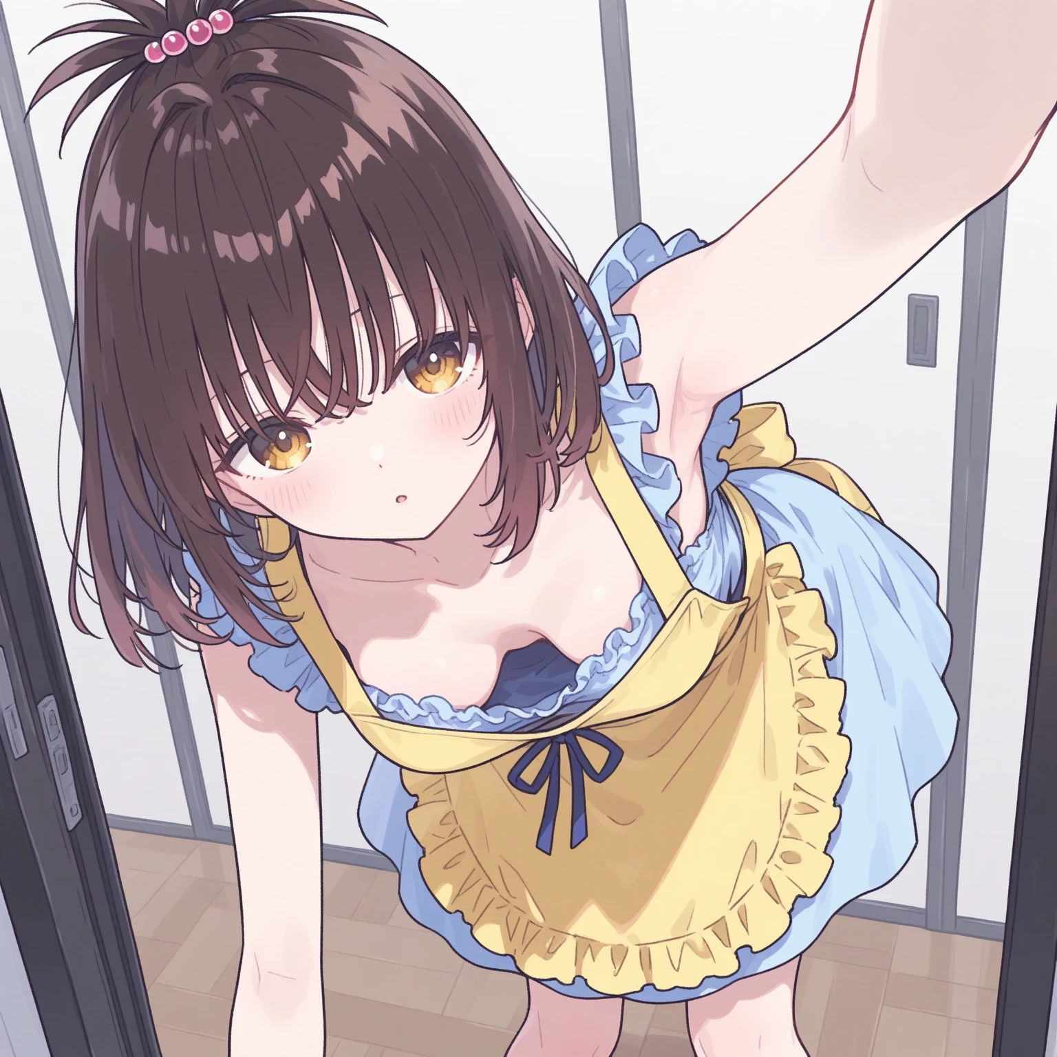 1girl, anime_coloring, black_eyes, black_gloves, brown_hair, choker, earrings, gloves, jewelry, letterboxed, parody, short_hair, smile, solo, style_parody, / nsfw,((one man and one woman,having sex))