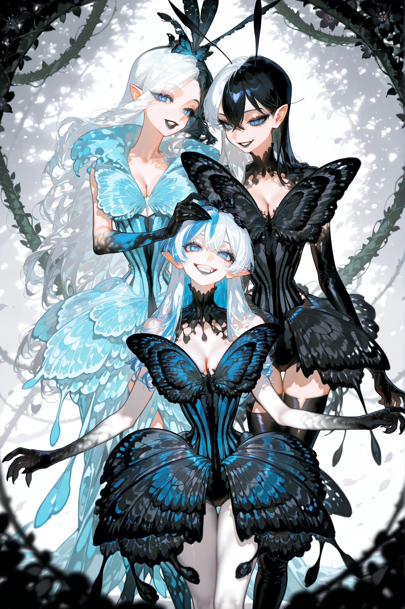(SPLIT-COLOR HAIR,MIX OF BLACK AND WHITE HAIR,xxx667_illu,) Dark faèrie-girl. She has an asthenic skinny flat-chested physique, she has long elegant swan neck,clawed six-fingered limbs,long pointy ears. She has huge sharp pitch black butterfly wings. She has elegant curving antennas. She has white skin and a long straight nose. She has black lipstick and sharp needle-like teeth.
She has straight longest striped hair with NO BANGS. She has royal blue eyes with Nazar symbol.  She wearing in jet-black closed skin-tight catsuit with nature embroidery and engraving of vines. Over it, she wears a Black butterfly leotard dress, with a narrow waist corset. (On background: twilight forest where purple-black trees are covered with bioluminescent moss , multicolored Lilly flowers and mushrooms. Black butterflies and moths are flying everywhere.)