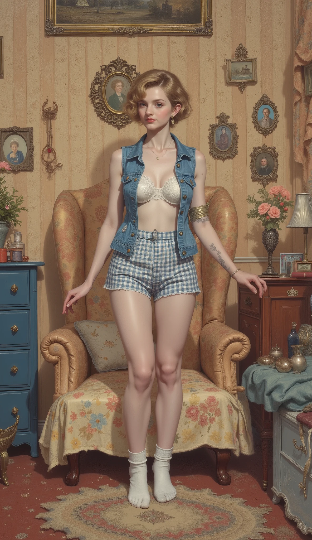 This is a fantastic digital oil painting. This highly detailed and realistic oil painting style, in strong strokes, vividly depicts the features of a cute girl, 21 years old. A beautiful young girl with short hair, curly blonde hair (and an hourglass figure), in a blue denim vest, white lace bra and a short checkered skirt, stands in a cozy bedroom, posing in white socks, to highlight her large breasts and deep cleavage. The painting is presented in bright colors, with a lot of carved depth high resolution and high resolution, which enhances the presence of the subject and the fantastic atmosphere.