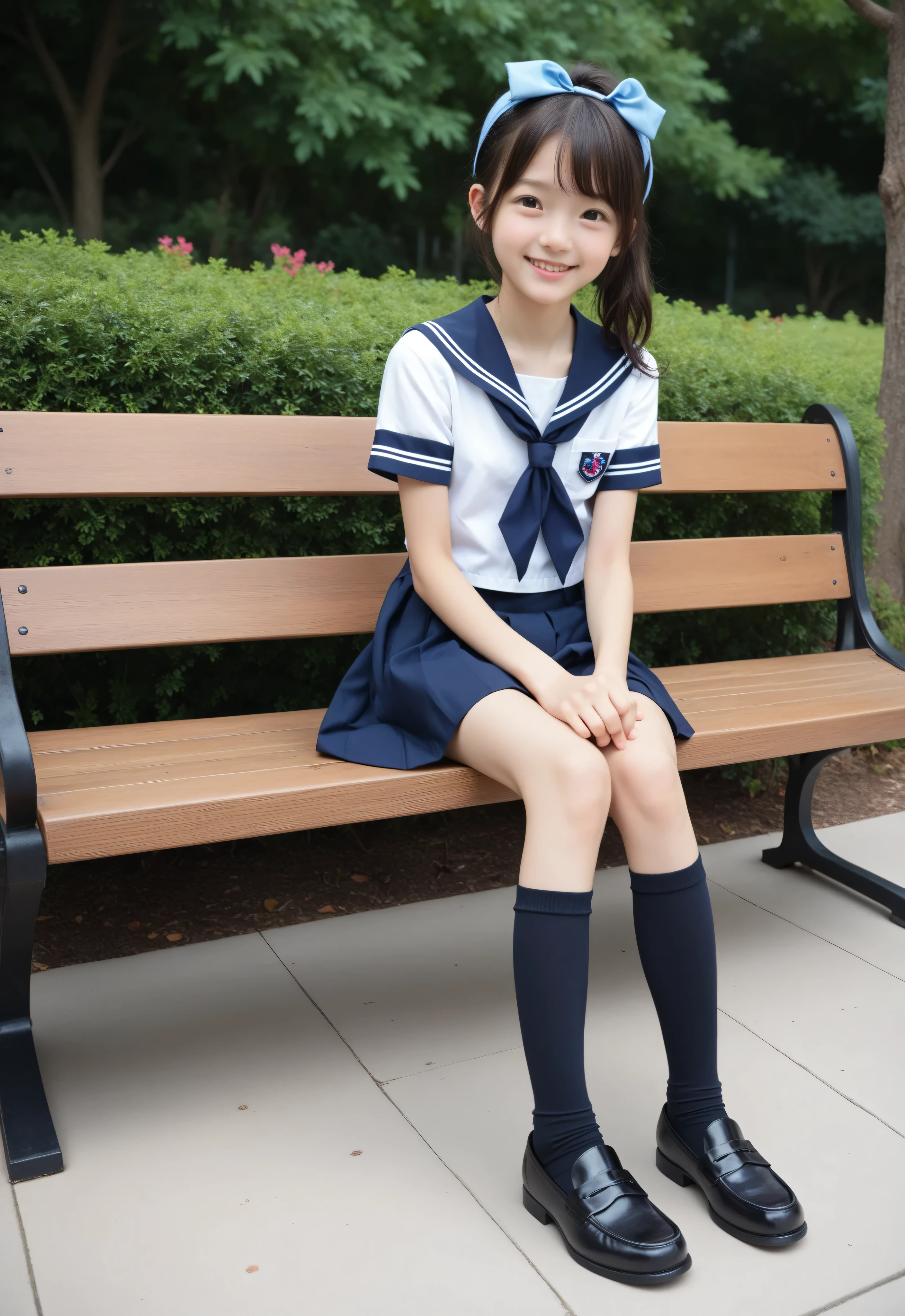 score_9, score_8_up , score_7_up , Realistic, Picture, detailed face and eyes, detailed skin,cute girl with detailed and round eyes, sailor suit cosplay , navy knee-length skirt visible when closed,20 years old,cute girl with detailed and round eyes,masterpiece,4K,8k,16 kg,(:1.5),Hair tie, sitting on a park bench , very skinny ,(slender:1.5),(skinny:1.3),(:1.2),(younger:1.5), Small buttocks, thin thighs, slender body,black socks, black loafers,You can see , small breasts,skinny,slender,short,slender body,younger,かわいいyounger女の子,narrow shoulder width, Realistic , Japanese