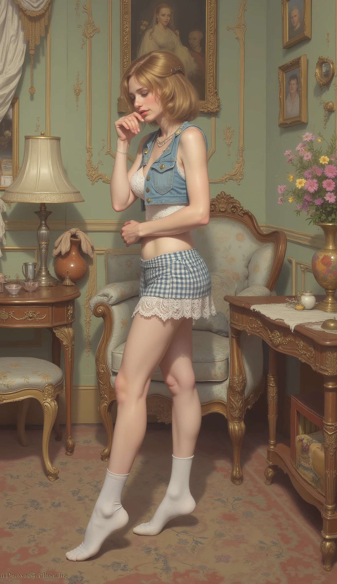 This is a fantastic digital oil painting. This highly detailed and realistic oil painting style, in strong strokes, vividly depicts the features of a cute girl, 21 years old. A beautiful young girl with short hair, curly blonde hair (and an hourglass figure), in a blue denim vest, white lace bra and a short checkered skirt, stands in a cozy bedroom, posing in white socks, to highlight her large breasts and deep cleavage. The painting is presented in bright colors, with a lot of carved depth high resolution and high resolution, which enhances the presence of the subject and the fantastic atmosphere.