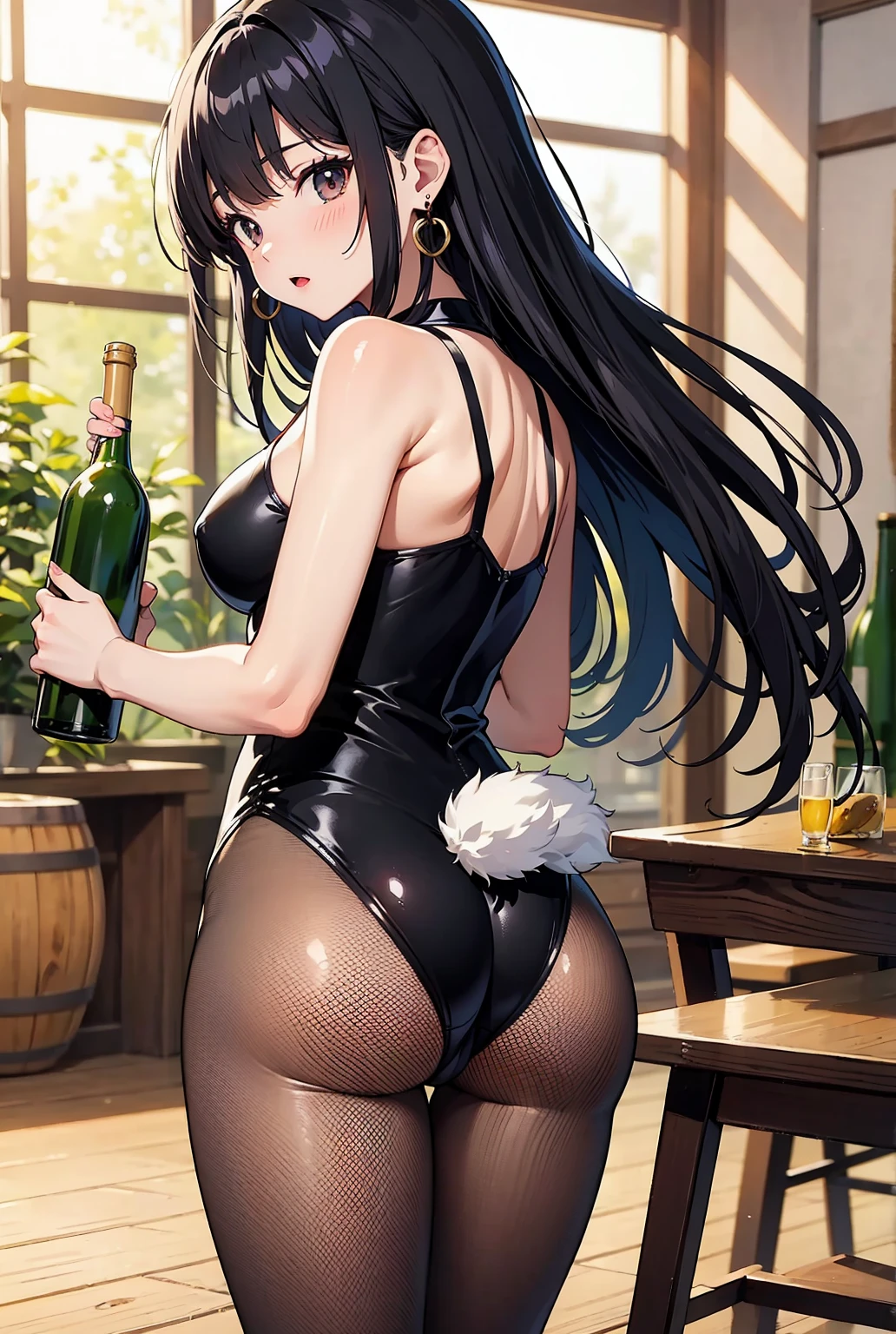 (Masterpiece:1.2, high quality), (pixiv:1.4), (1girl:1.2), (solo:1.2), (smooth:1.2), (Yor forger), (confident), slightly blushing, glossy lips, red eyes, black eyeshadow, pale white skin, black hair, bangs, bangs over eyes, collarbone, bunny cosplay, bunny suit, bunny ears, ???? attire, bunny tail, (perfectly round ???:1.2), (pov thighs), (fishnet leggings), ?????????, leaning on table, view from below, back view, looking back, slim waist, ultra detailed, soft lighting, high contrast, (blurry_background:1.2), highly focused face, (detailed face), intrinsic details, vivid colors, HD, 4k, beer bar, classic bar, wine bottles in background, wine bottles in shelves